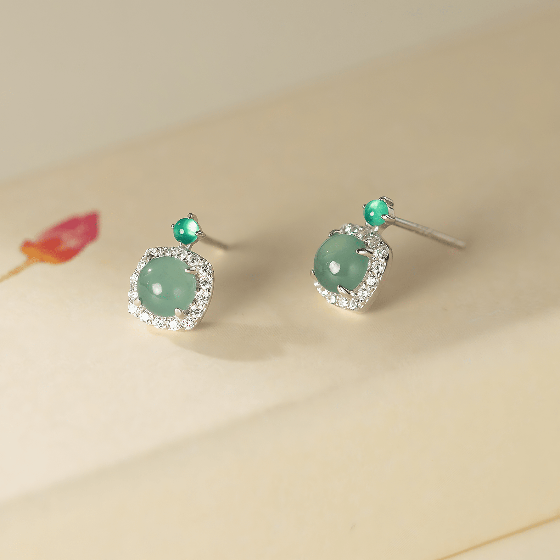 Green Cat Eye Stone Stud Earrings with CZ Halo in Sterling Silver - NAFALUXE