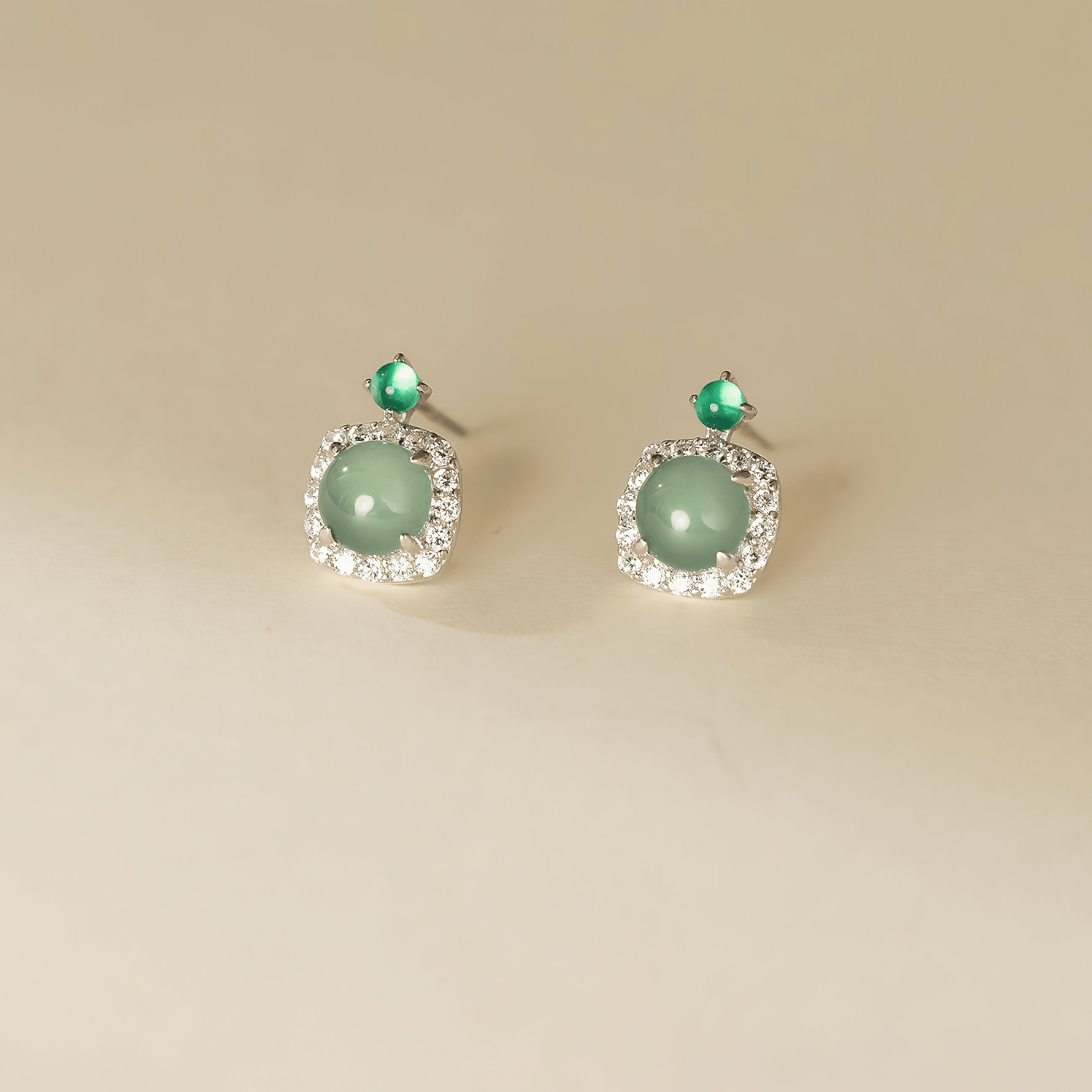 Green Cat Eye Stone Stud Earrings with CZ Halo in Sterling Silver - NAFALUXE