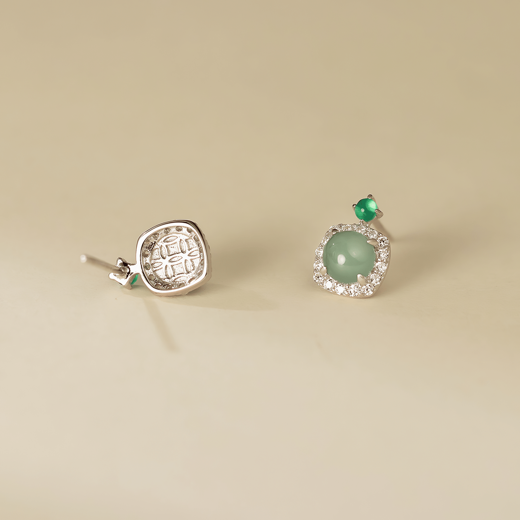 Green Cat Eye Stone Stud Earrings with CZ Halo in Sterling Silver - NAFALUXE