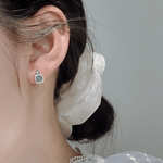 Green Cat Eye Stone Stud Earrings with CZ Halo in Sterling Silver - NAFALUXE