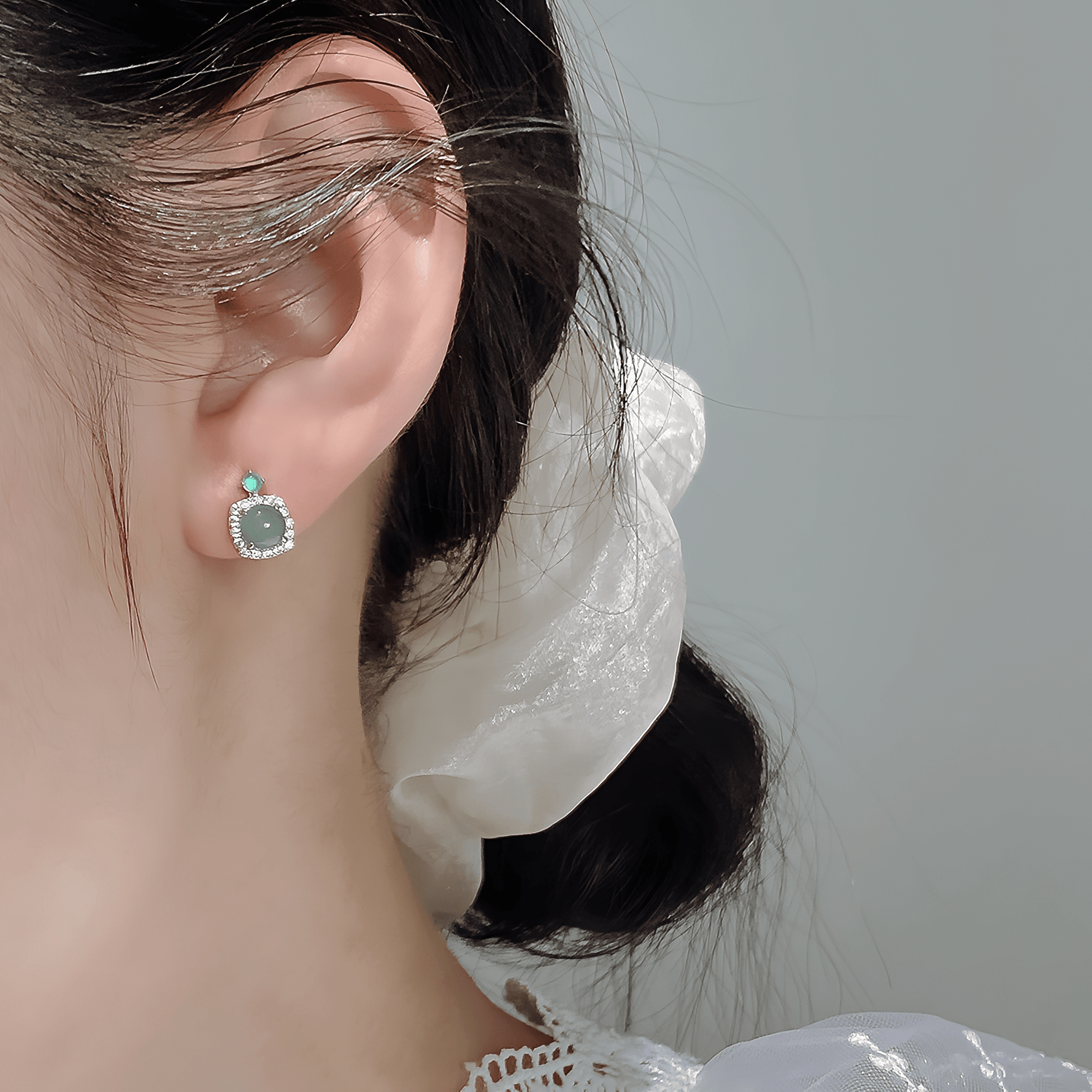 Green Cat Eye Stone Stud Earrings with CZ Halo in Sterling Silver - NAFALUXE