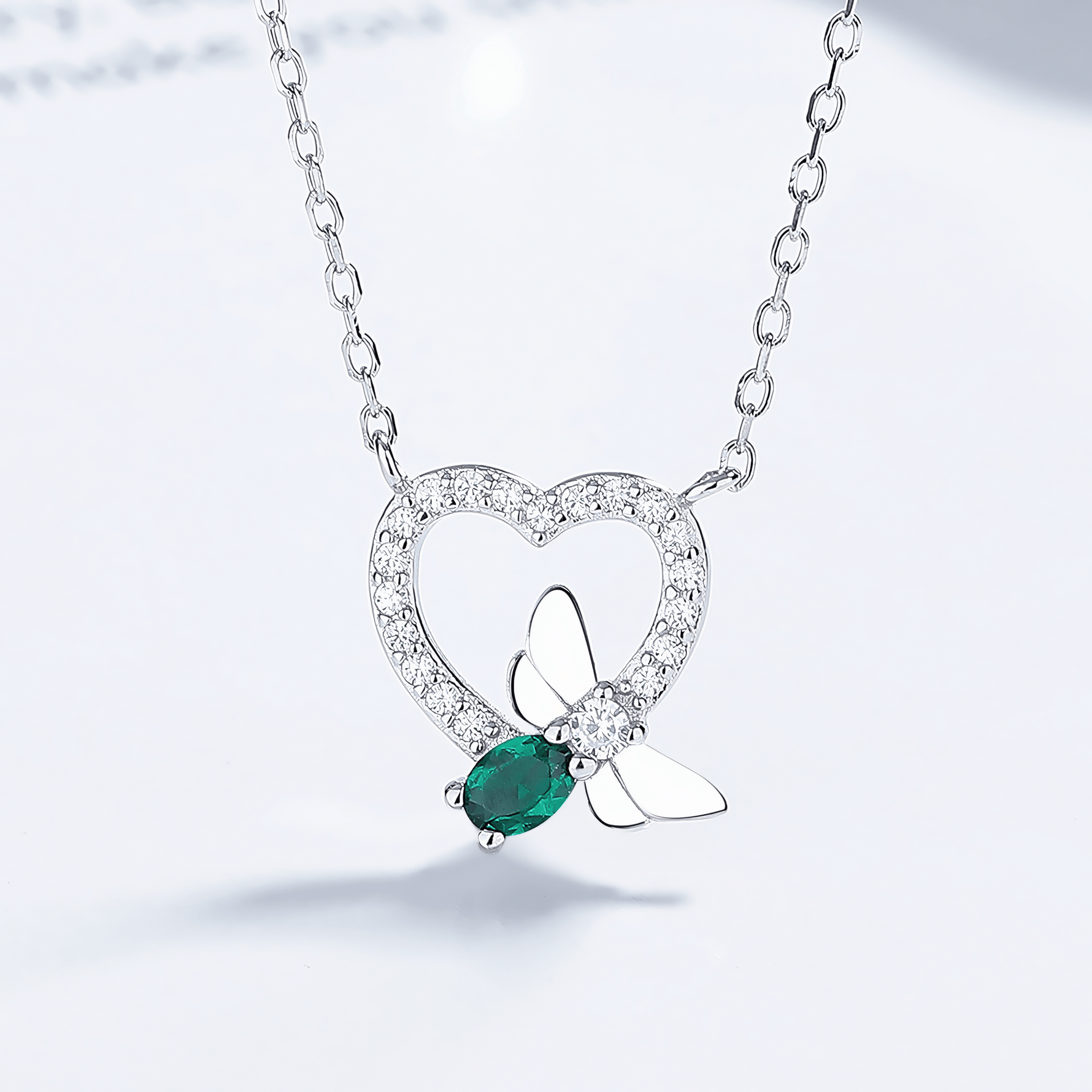 Heart & Bee Pendant Necklace – Green Zircon and Crystal Accent - NAFALUXE