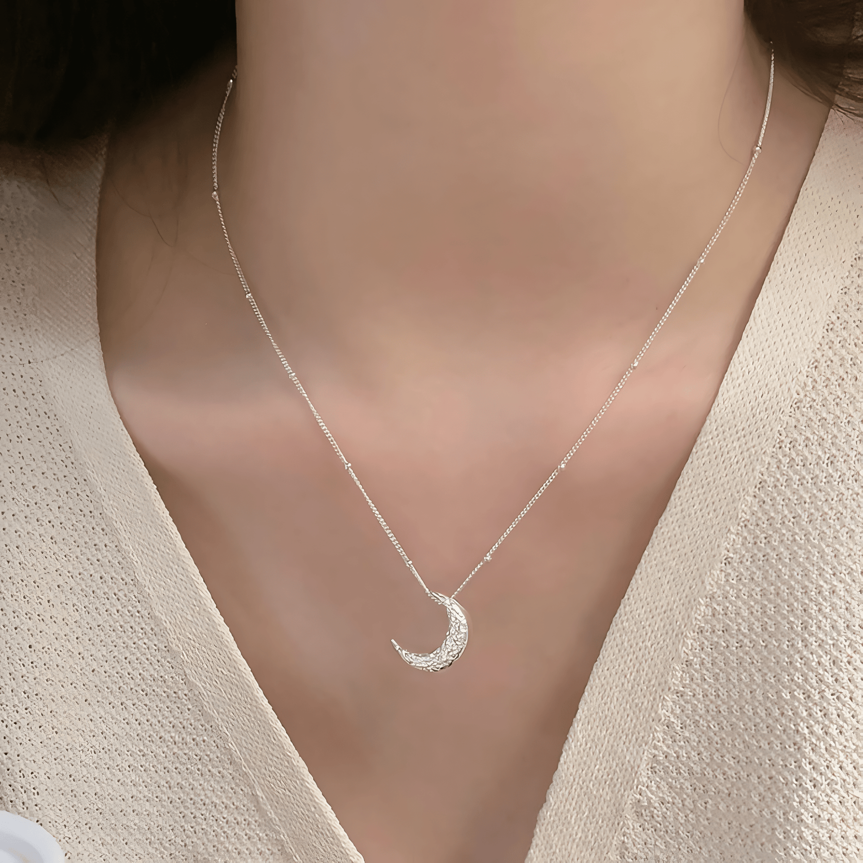 Lunar Glow – Textured Crescent Moon Necklace in Sterling Silver - NAFALUXE