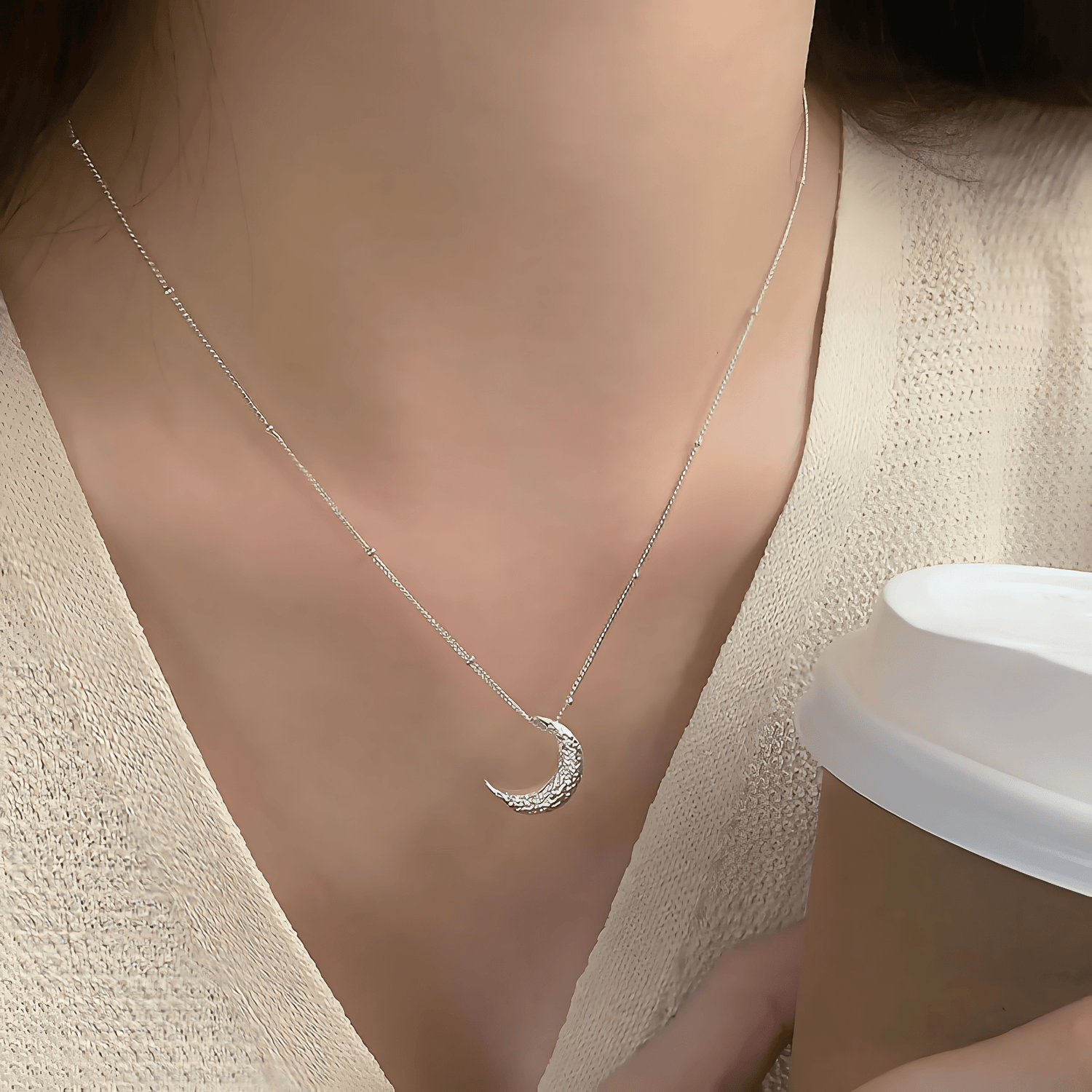 Lunar Glow – Textured Crescent Moon Necklace in Sterling Silver - NAFALUXE