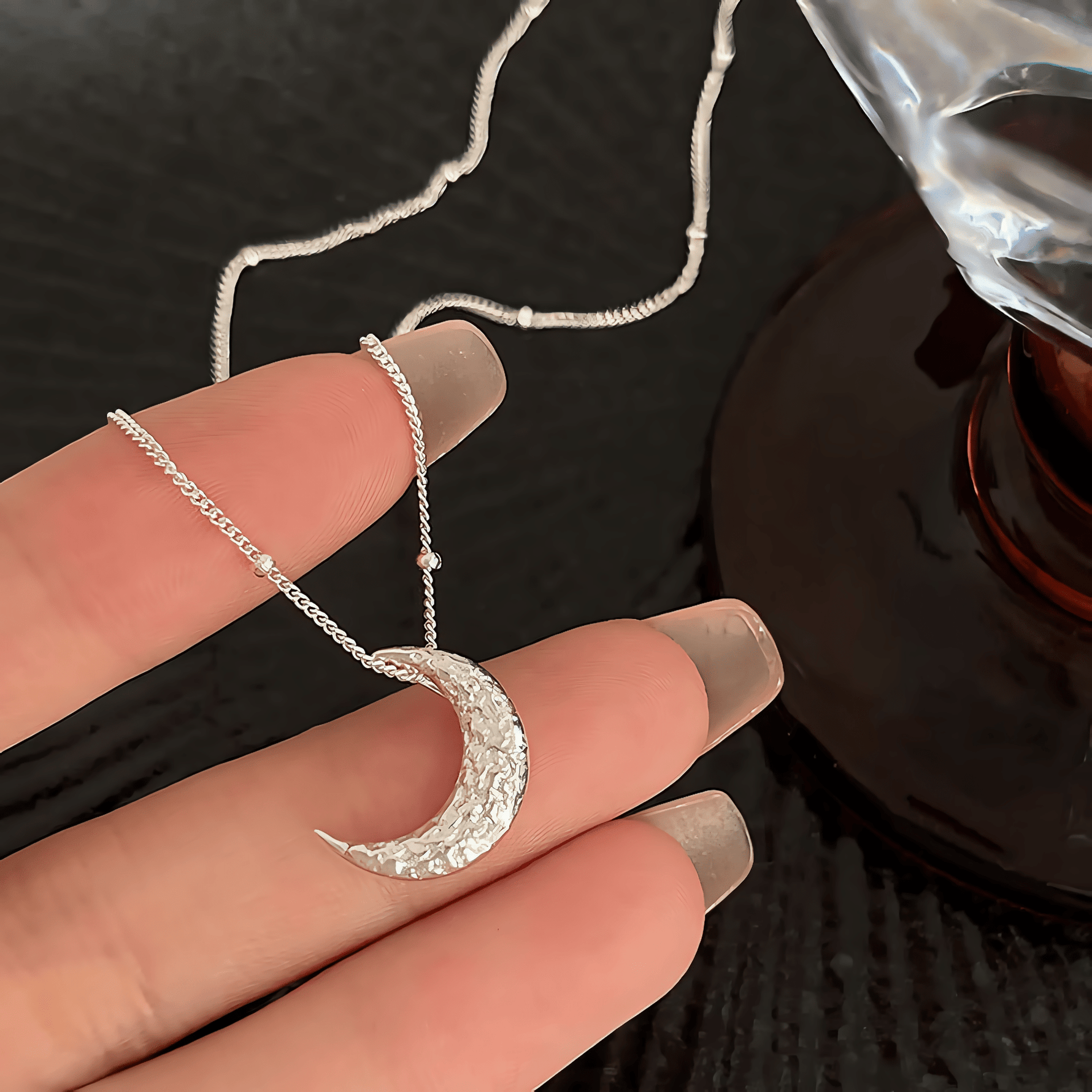 Lunar Glow – Textured Crescent Moon Necklace in Sterling Silver - NAFALUXE