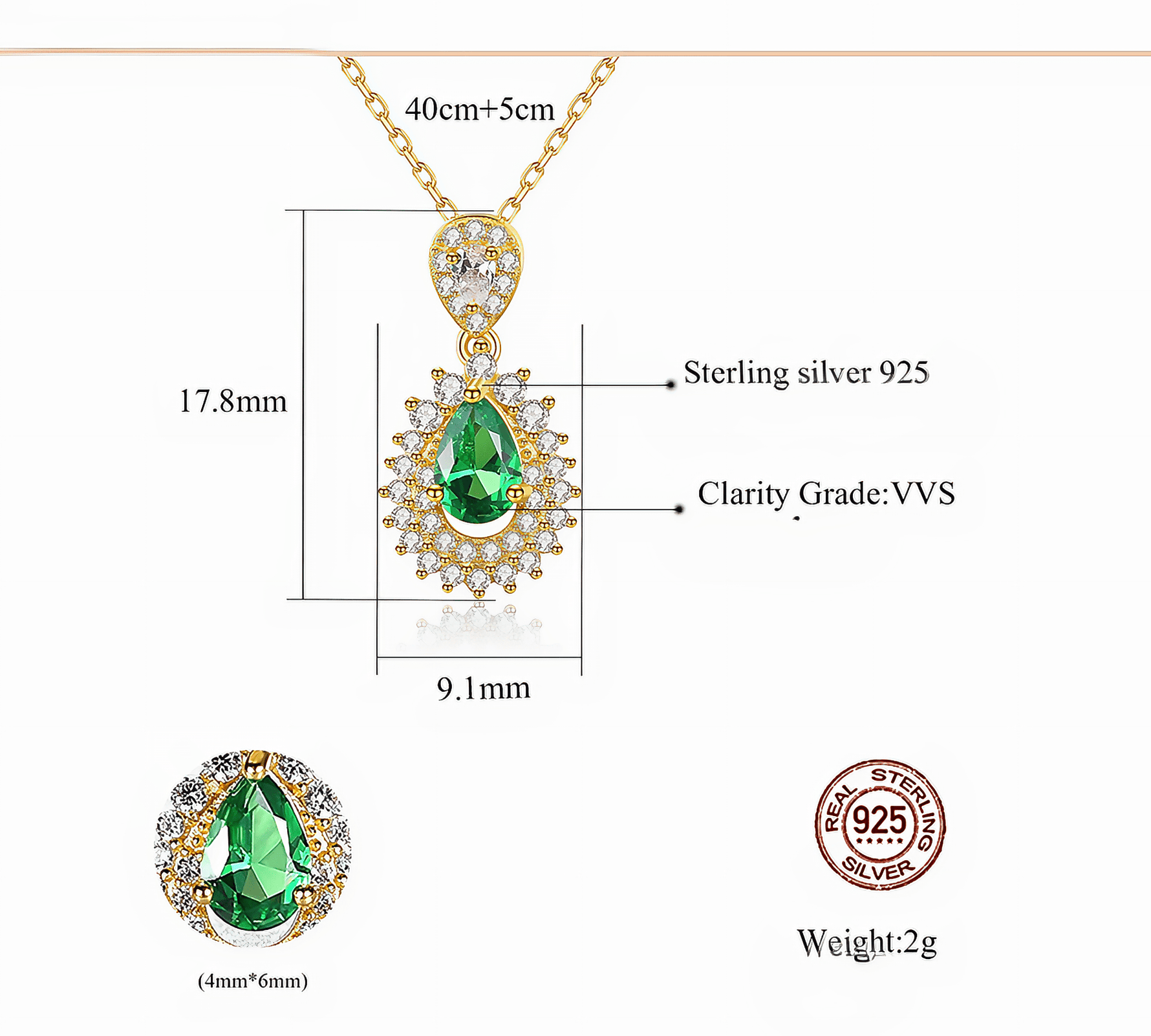Luxury CZ Emerald Green Pear - Cut Pendant Necklace in 925 Sterling Silver Gold Plated - NAFALUXE