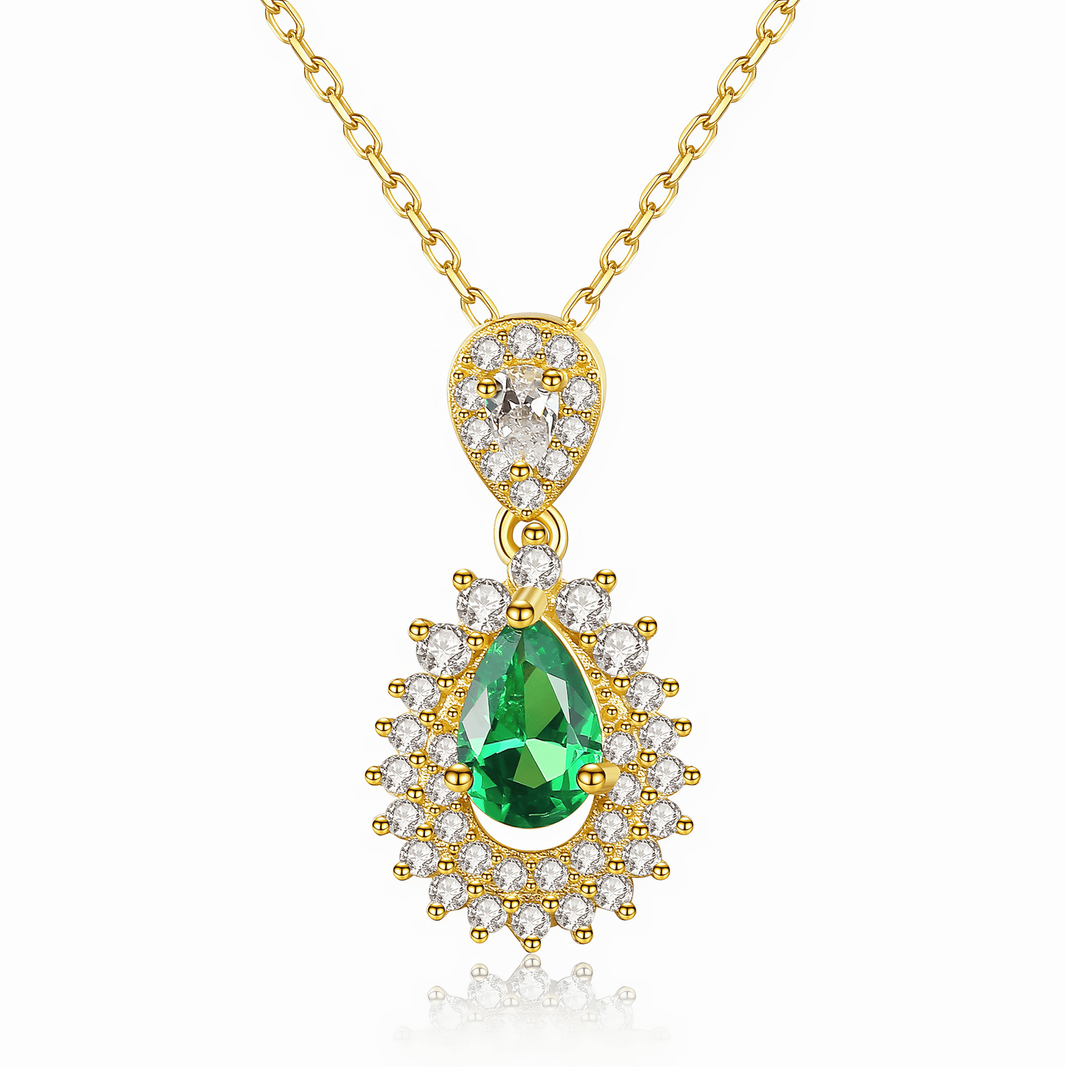 Luxury CZ Emerald Green Pear - Cut Pendant Necklace in 925 Sterling Silver Gold Plated - NAFALUXE
