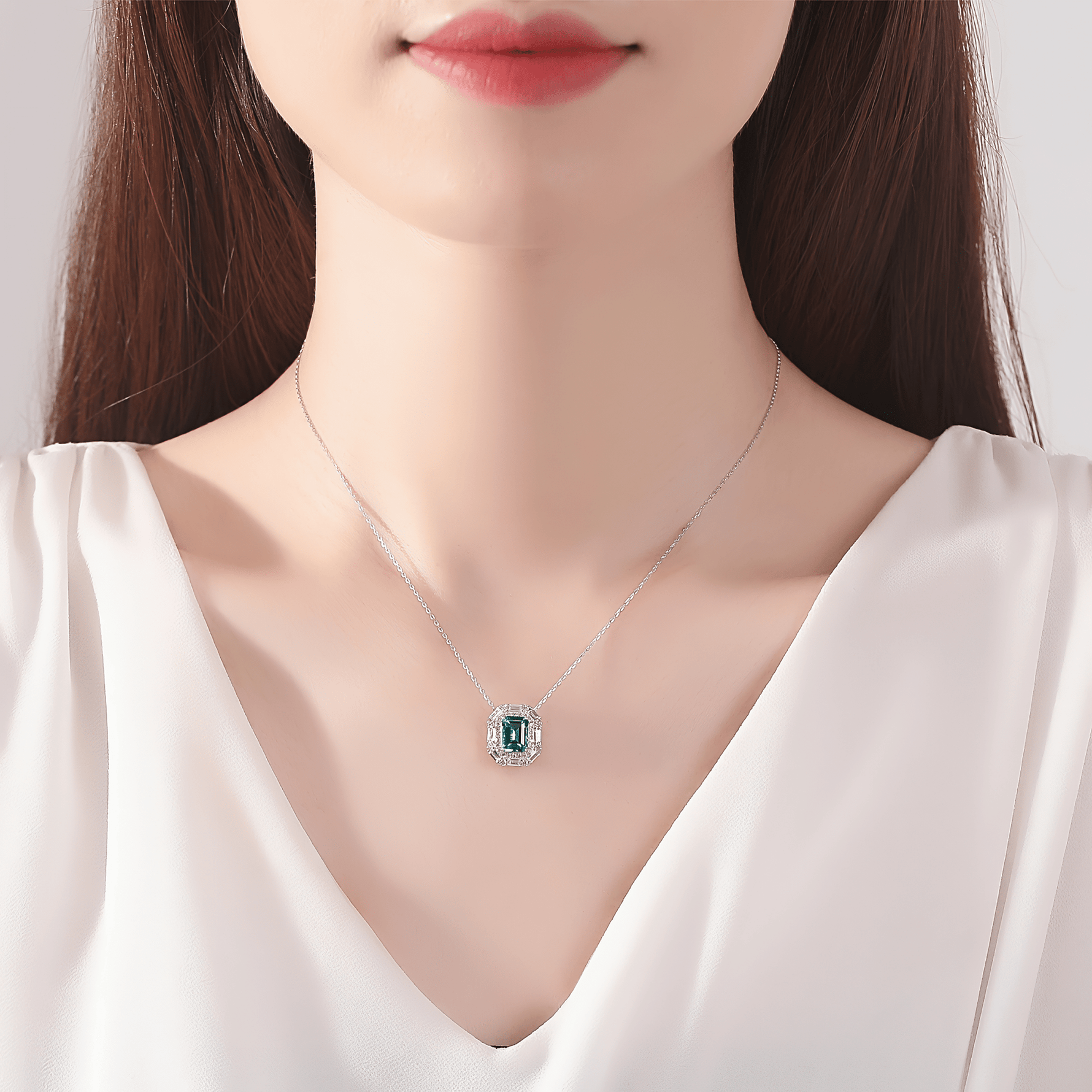 Luxury Emerald - Cut Green CZ Halo Pendant Necklace in Sterling Silver - NAFALUXE