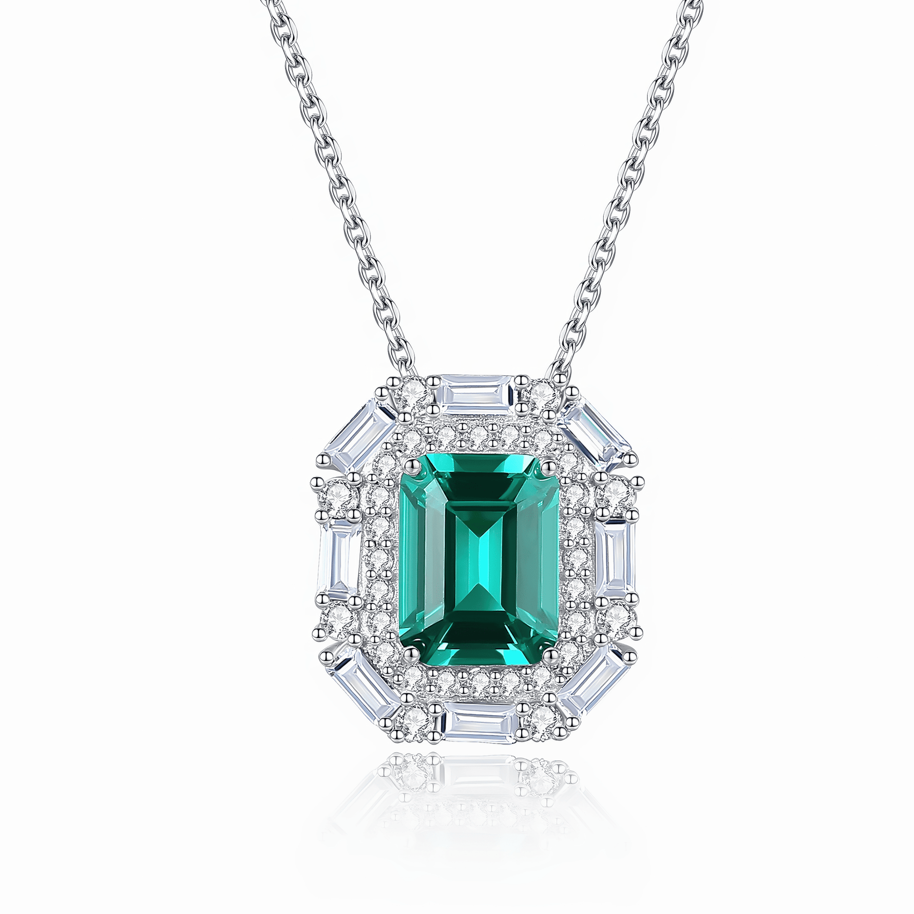 Luxury Emerald - Cut Green CZ Halo Pendant Necklace in Sterling Silver - NAFALUXE