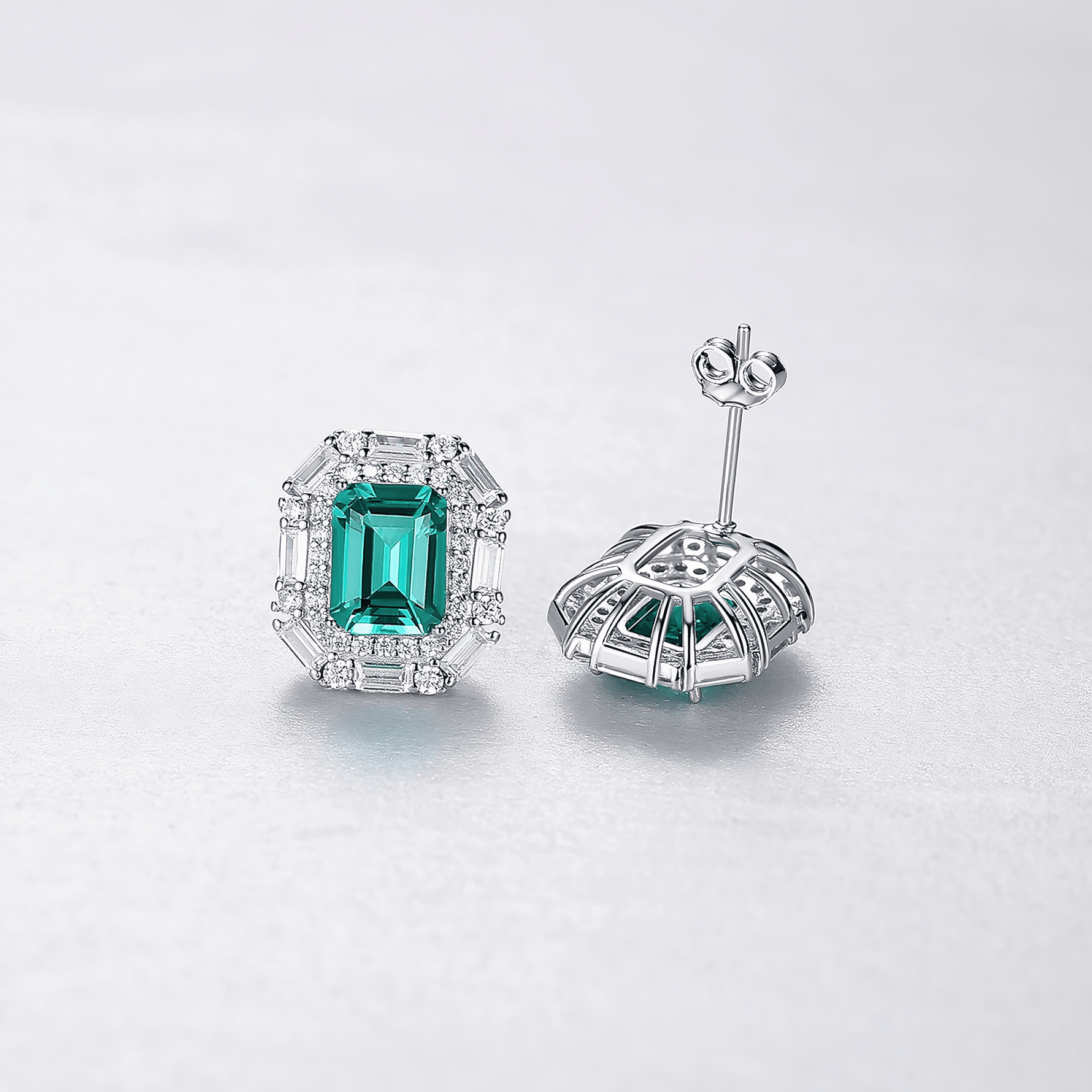 Luxury Emerald - Cut Green CZ Halo Stud Earrings in Sterling Silver - NAFALUXE