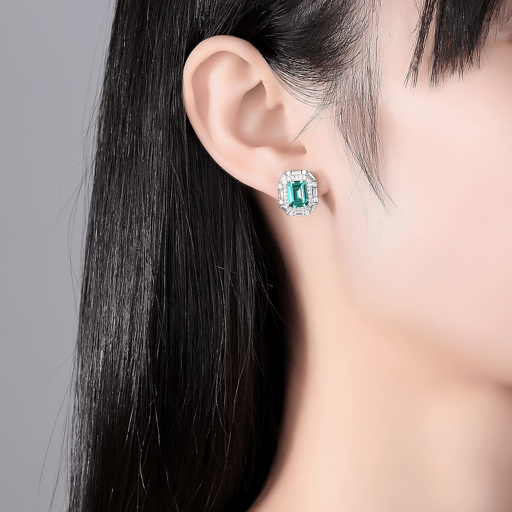 Luxury Emerald - Cut Green CZ Halo Stud Earrings in Sterling Silver - NAFALUXE