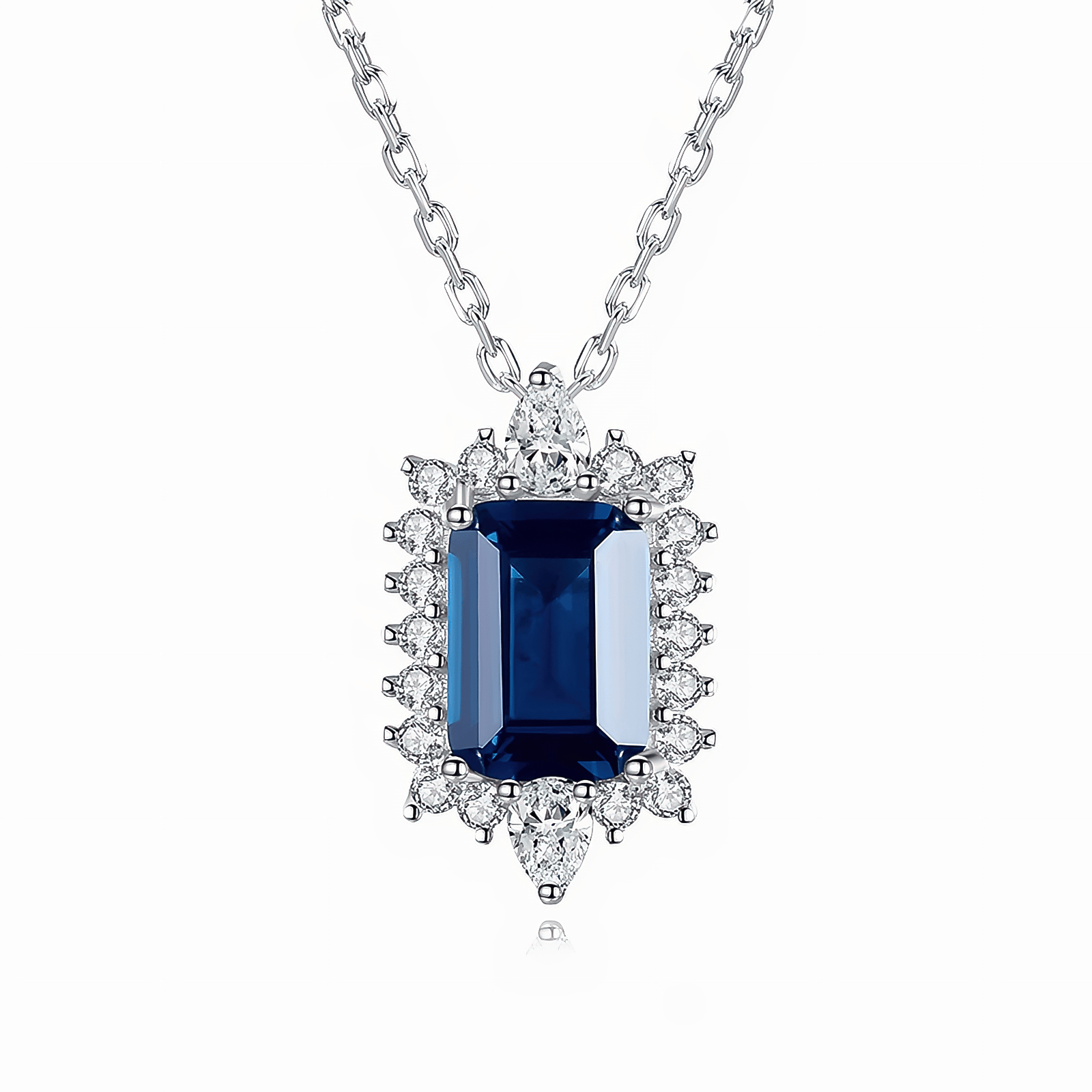 Luxury Sapphire Blue CZ Halo Pendant Necklace in Sterling Silver - NAFALUXE