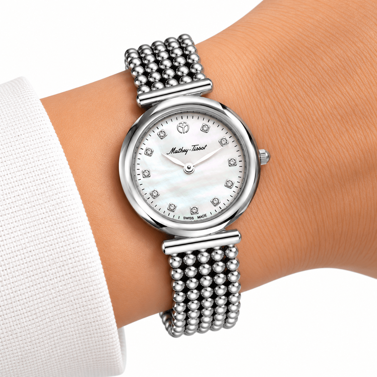 Mathey-Tissot Allure D539AI – Swiss Made Women's Quartz Watch, 28mm, Silver-Tone Stainless Steel, White Dial, Sapphire Crystal - NAFALUXE
