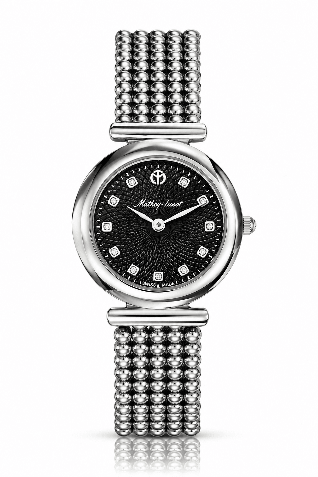 Mathey-Tissot Allure D539AN – Swiss Made Women's Quartz Watch, 28mm, Silver-Tone Stainless Steel, Black Dial, Sapphire Crystal - NAFALUXE