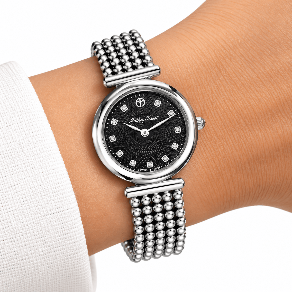 Mathey-Tissot Allure D539AN – Swiss Made Women's Quartz Watch, 28mm, Silver-Tone Stainless Steel, Black Dial, Sapphire Crystal - NAFALUXE