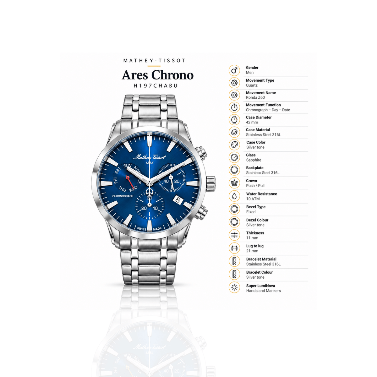 Mathey-Tissot Ares Chrono H197CHABU – Men's Swiss Made Chronograph Watch - NAFALUXE