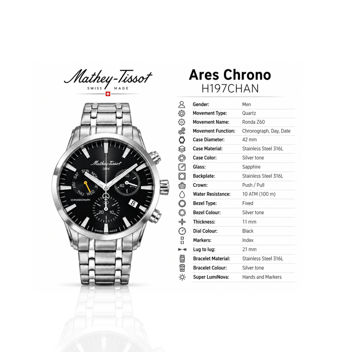 **Mathey-Tissot Ares Chrono H197CHAN – Men's Swiss Made Chronograph Watch, 42mm, Silver-Tone Stainless Steel, Black Dial, Sapphire Crystal** - NAFALUXE