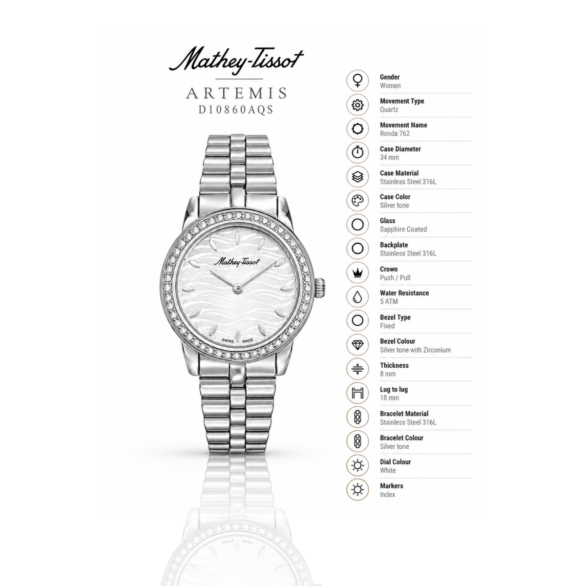 Mathey-Tissot Artemis D10860AQS – Women's Swiss Made Quartz Watch | White Dial | Silver Stainless Steel - NAFALUXE