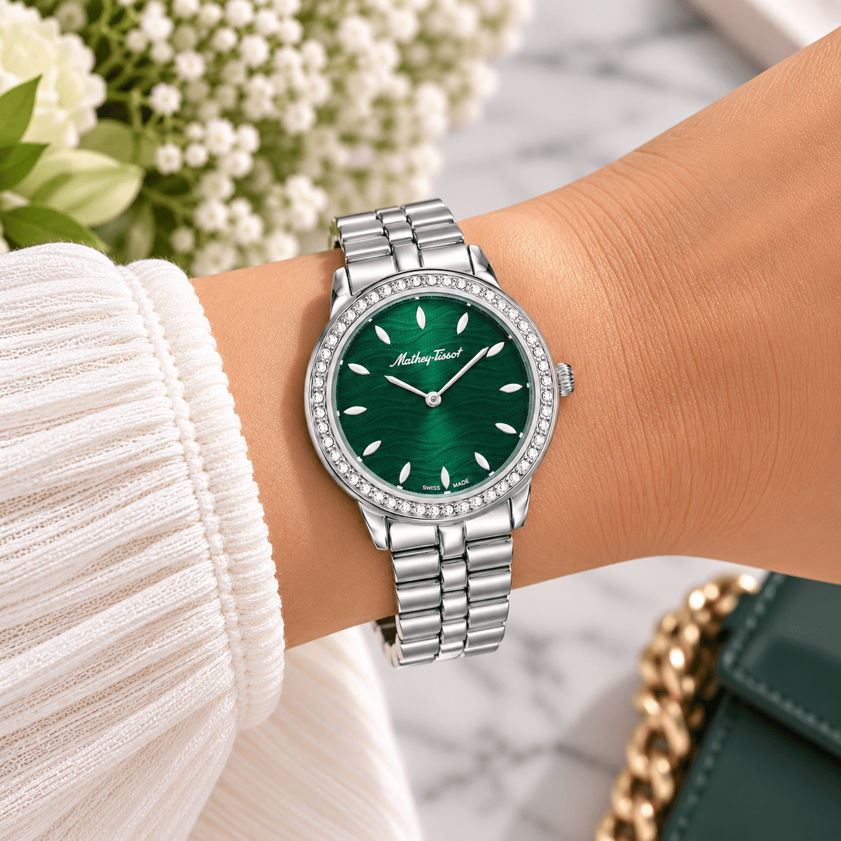 Mathey-Tissot Artemis D10860AQV – Women's Swiss Made Quartz Watch | Green Dial | Silver Stainless Steel | Zirconium Bezel - NAFALUXE