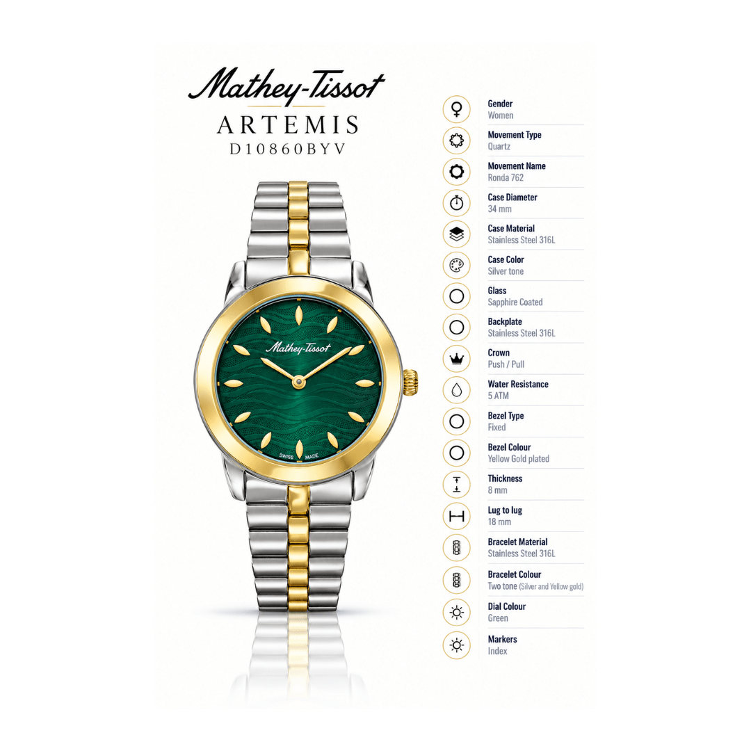 Mathey-Tissot Artemis D10860AQV – Women's Swiss Made Quartz Watch | Green Dial | Silver Stainless Steel | Zirconium Bezel - NAFALUXE