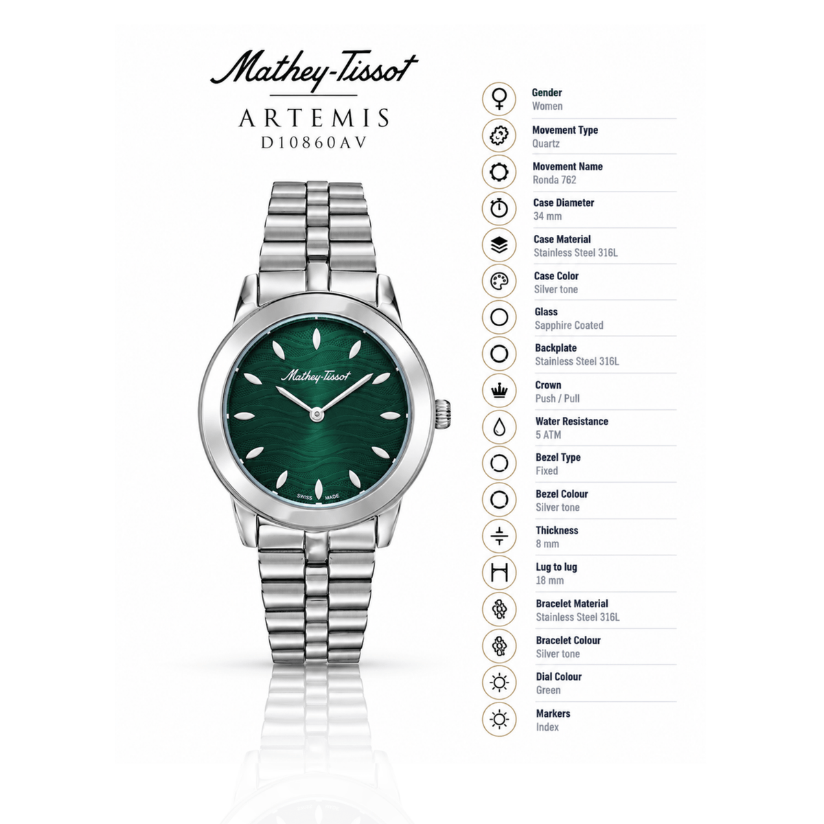 Mathey-Tissot Artemis D10860AV – Women's Swiss Made Quartz Watch | Green Dial | Silver Stainless Steel - NAFALUXE