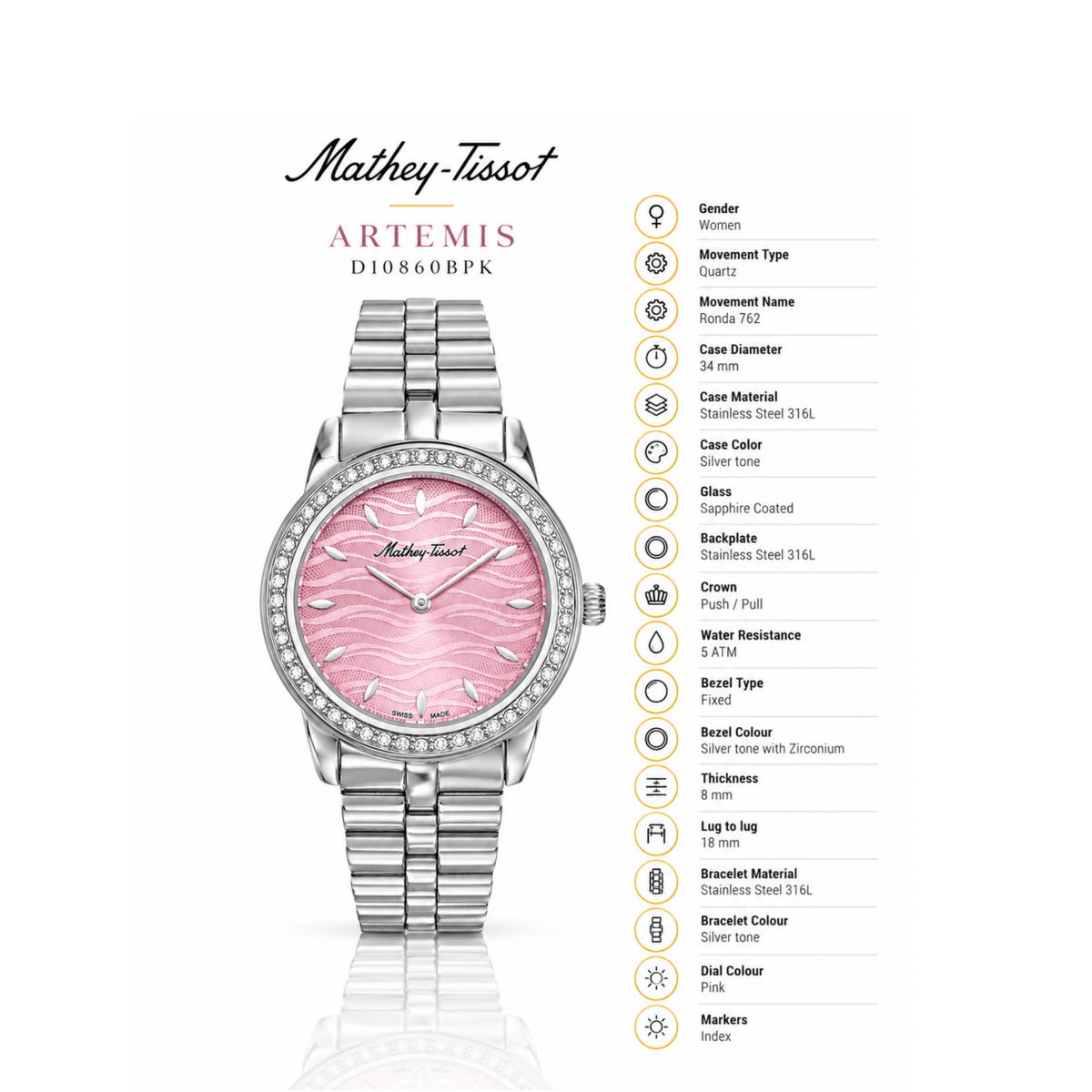 Mathey-Tissot Artemis D10860BPK – Women's Swiss Made Quartz Watch, Pink Dial, Silver Stainless Steel - NAFALUXE