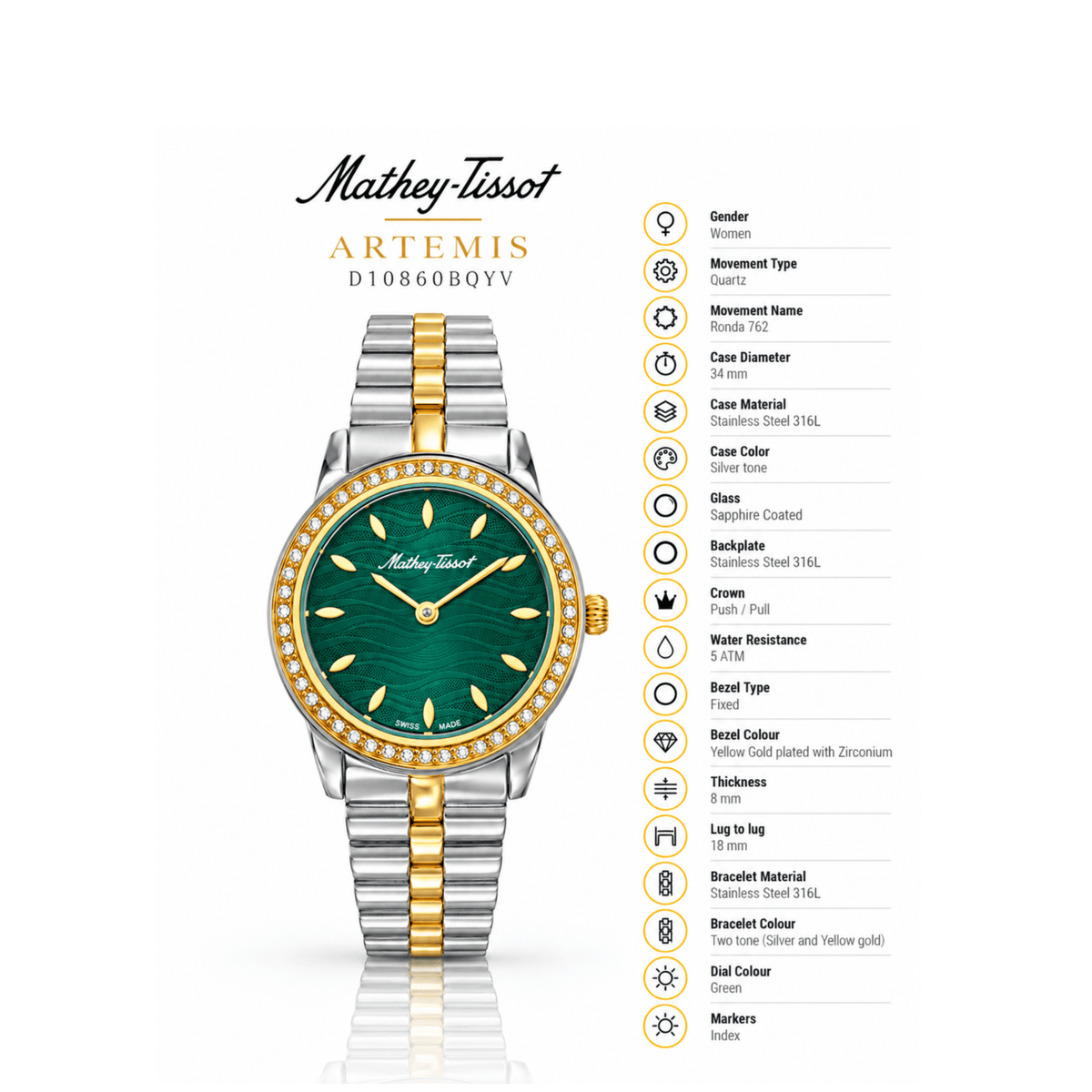 Mathey-Tissot Artemis D10860BQYV – Women's Swiss Made Quartz Watch – Green Dial – Two-Tone Gold & Silver - NAFALUXE