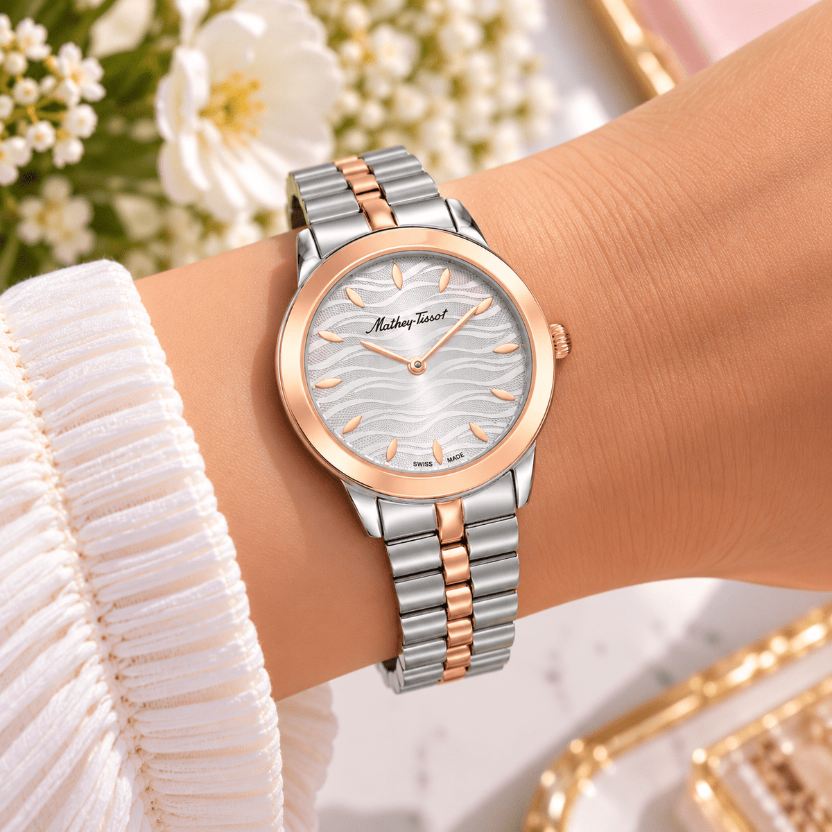 Mathey-Tissot Artemis D10860BS – Women's Swiss Made Quartz Watch | White Dial | Two-Tone Silver & Rose Gold - NAFALUXE