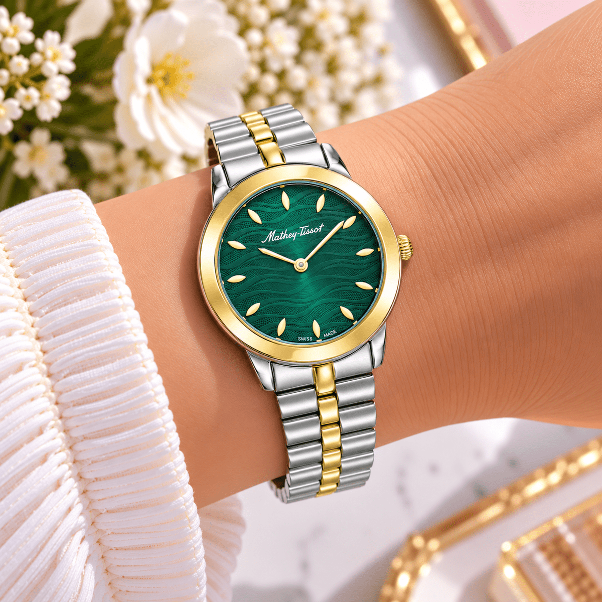 Mathey-Tissot Artemis D10860BYV – Women's Swiss Made Quartz Watch | Green Dial | Two-Tone Silver & Yellow Gold - NAFALUXE