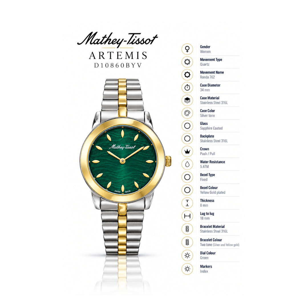 Mathey-Tissot Artemis D10860BYV – Women's Swiss Made Quartz Watch | Green Dial | Two-Tone Silver & Yellow Gold - NAFALUXE
