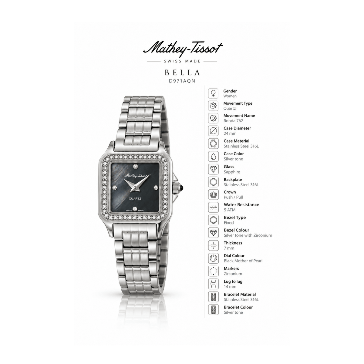 Mathey-Tissot Bella D971AQN – Swiss Made Women's Watch | Black Mother of Pearl Dial | Silver Stainless Steel | 24mm - NAFALUXE