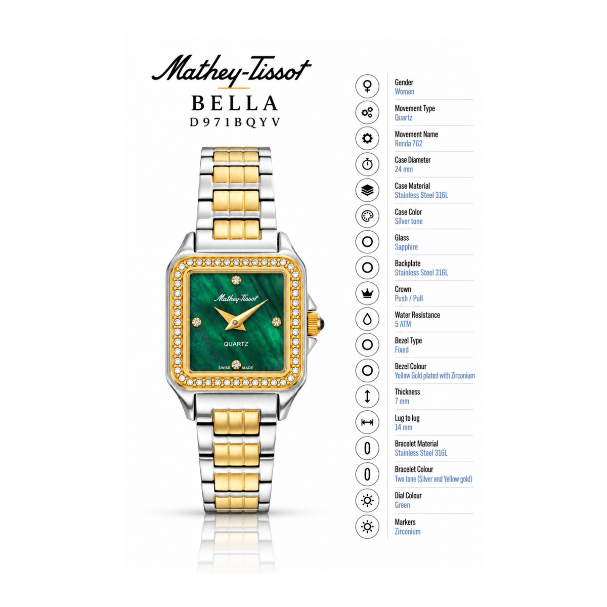 Mathey-Tissot Bella D971BQYV – Women's Swiss Made Quartz Watch | Green Dial | Two-Tone Silver & Gold | 24 mm - NAFALUXE