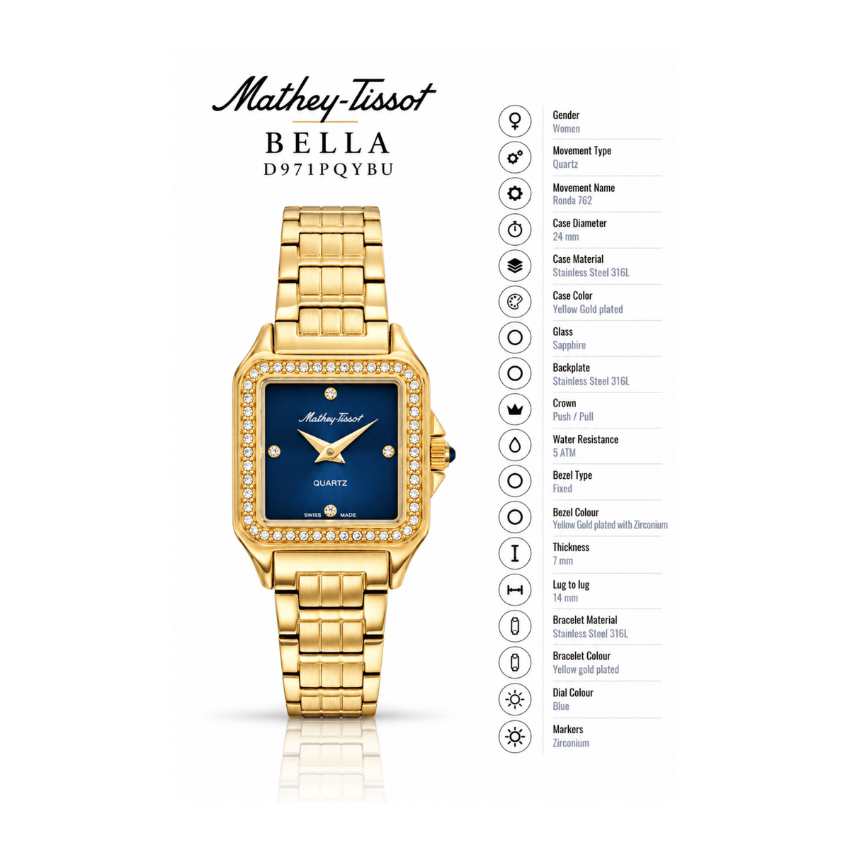Mathey-Tissot Bella D971PQYBU – Women's Swiss Made Quartz Watch | Blue Dial | Yellow Gold Plated | Zirconium Bezel - NAFALUXE