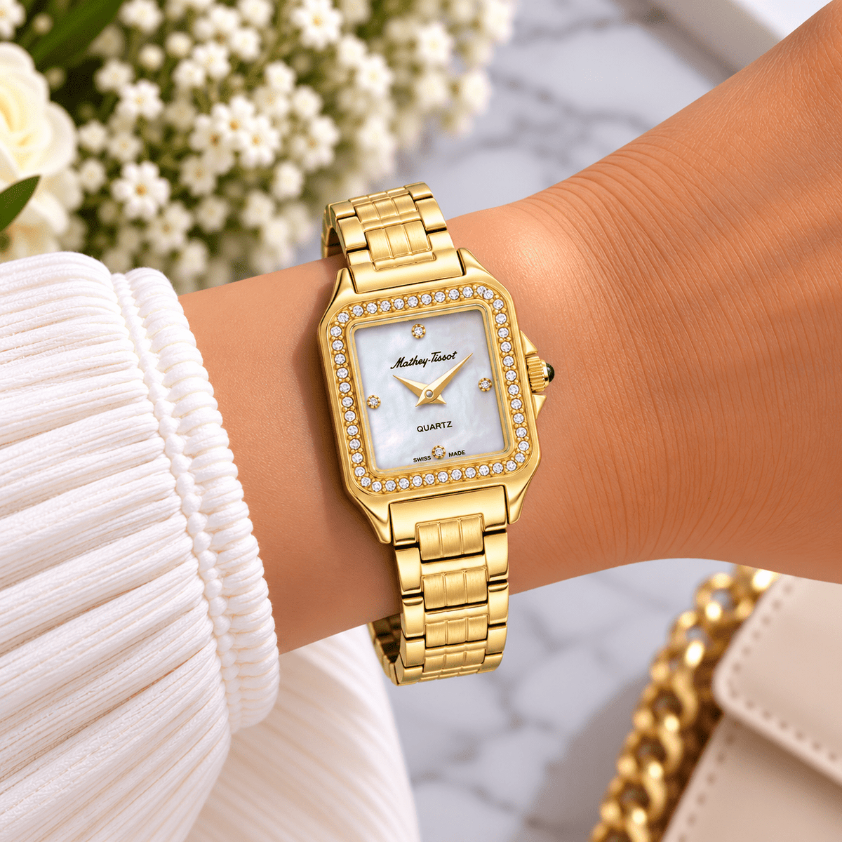Mathey-Tissot Bella D971PQYI – Women's Swiss Made Quartz Watch | Yellow Gold-Plated | White Mother of Pearl Dial | 24 mm - NAFALUXE