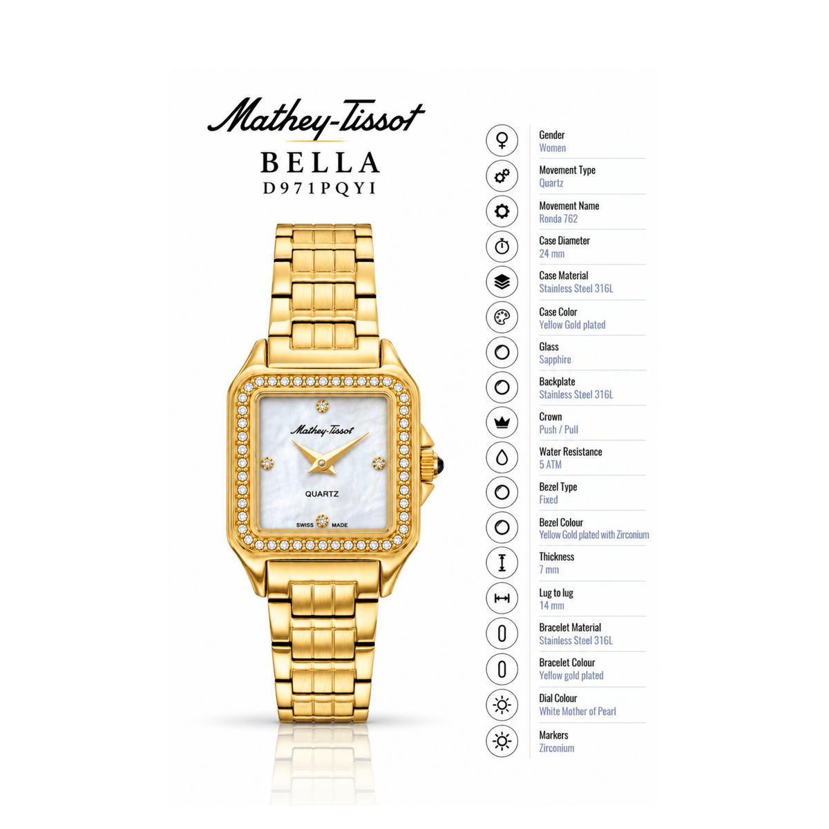 Mathey-Tissot Bella D971PQYI – Women's Swiss Made Quartz Watch | Yellow Gold-Plated | White Mother of Pearl Dial | 24 mm - NAFALUXE