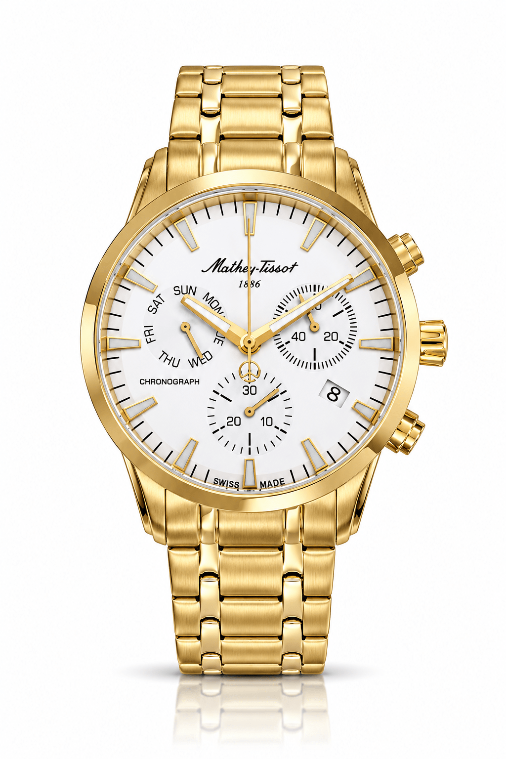 Mathey-Tissot Men's Swiss Made Chronograph Watch – 42mm, Yellow Gold-Plated Stainless Steel, White Dial, Sapphire Crystal - NAFALUXE
