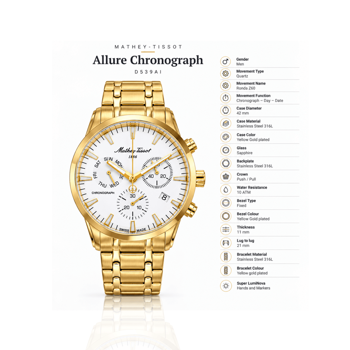 Mathey-Tissot Men's Swiss Made Chronograph Watch – 42mm, Yellow Gold-Plated Stainless Steel, White Dial, Sapphire Crystal - NAFALUXE