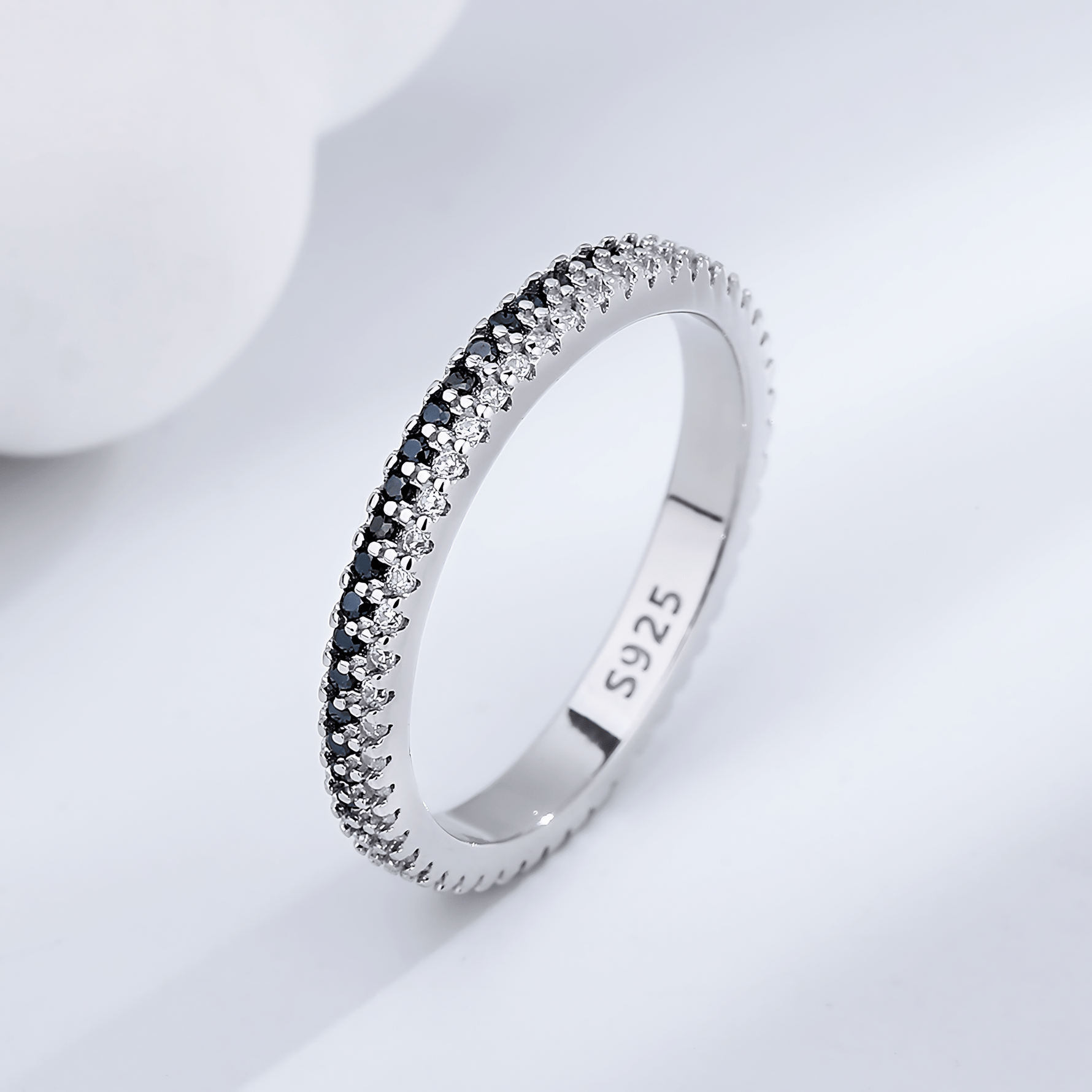 Midnight Sparkle – Sterling Silver Band with Black and White CZ Pave Stones - NAFALUXE