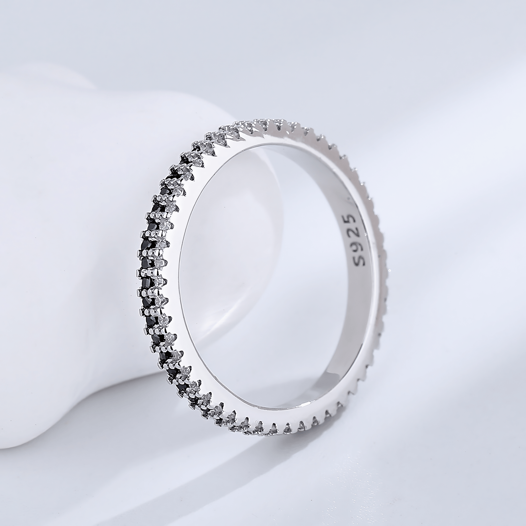 Midnight Sparkle – Sterling Silver Band with Black and White CZ Pave Stones - NAFALUXE