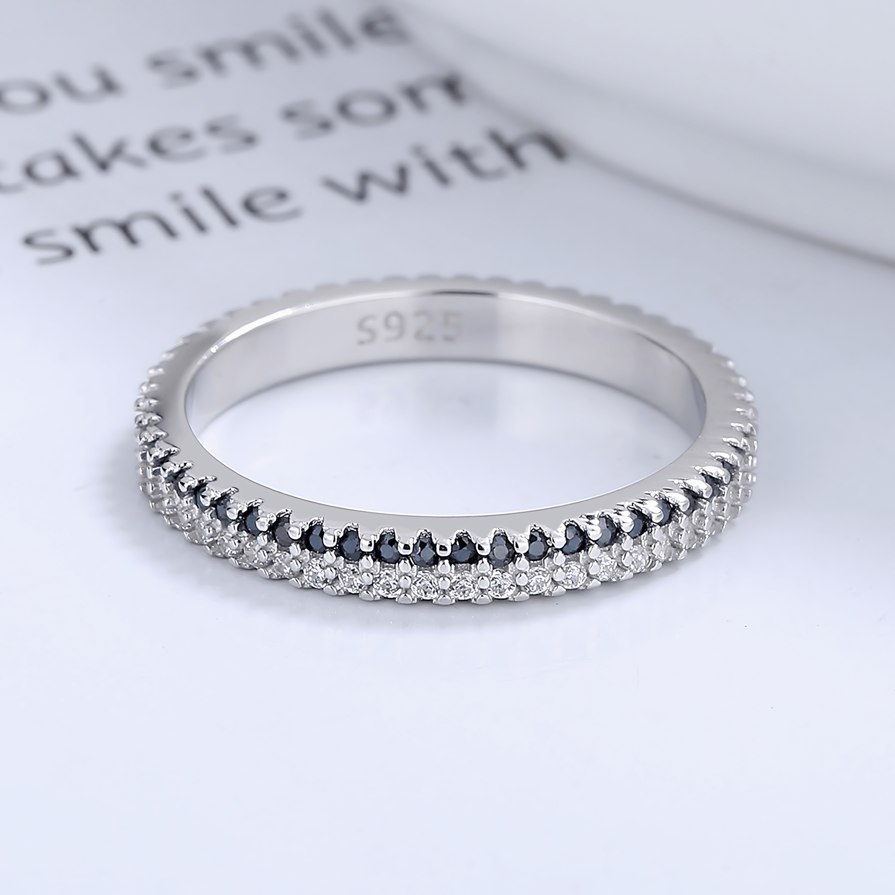 Midnight Sparkle – Sterling Silver Band with Black and White CZ Pave Stones - NAFALUXE
