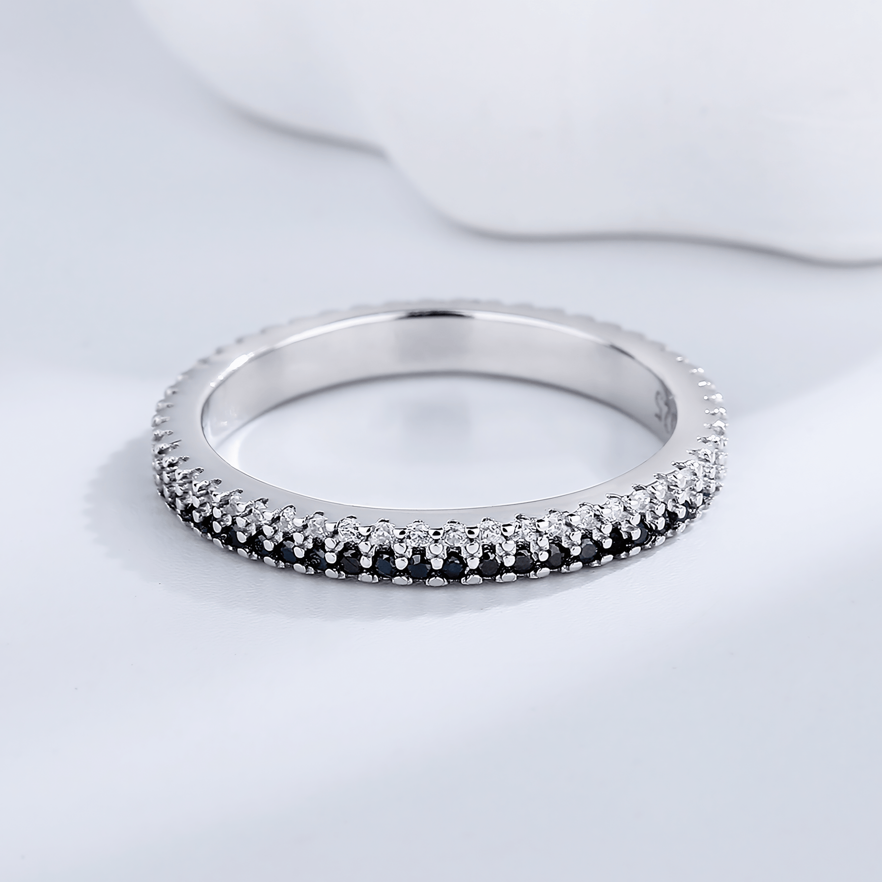 Midnight Sparkle – Sterling Silver Band with Black and White CZ Pave Stones - NAFALUXE