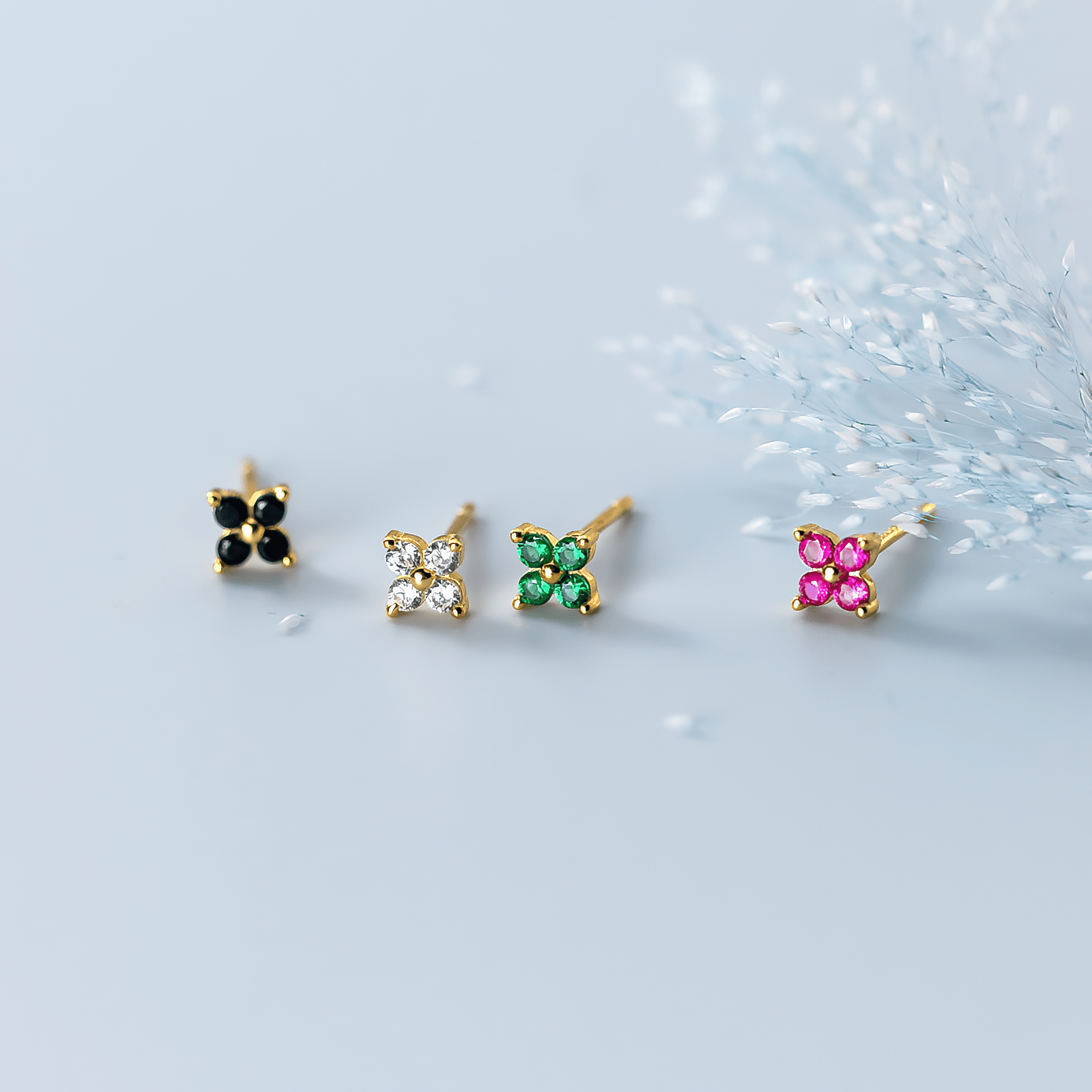 Minimalist Four - Petal CZ Flower Stud Earrings – 925 Sterling Silver Gold Plated - NAFALUXE
