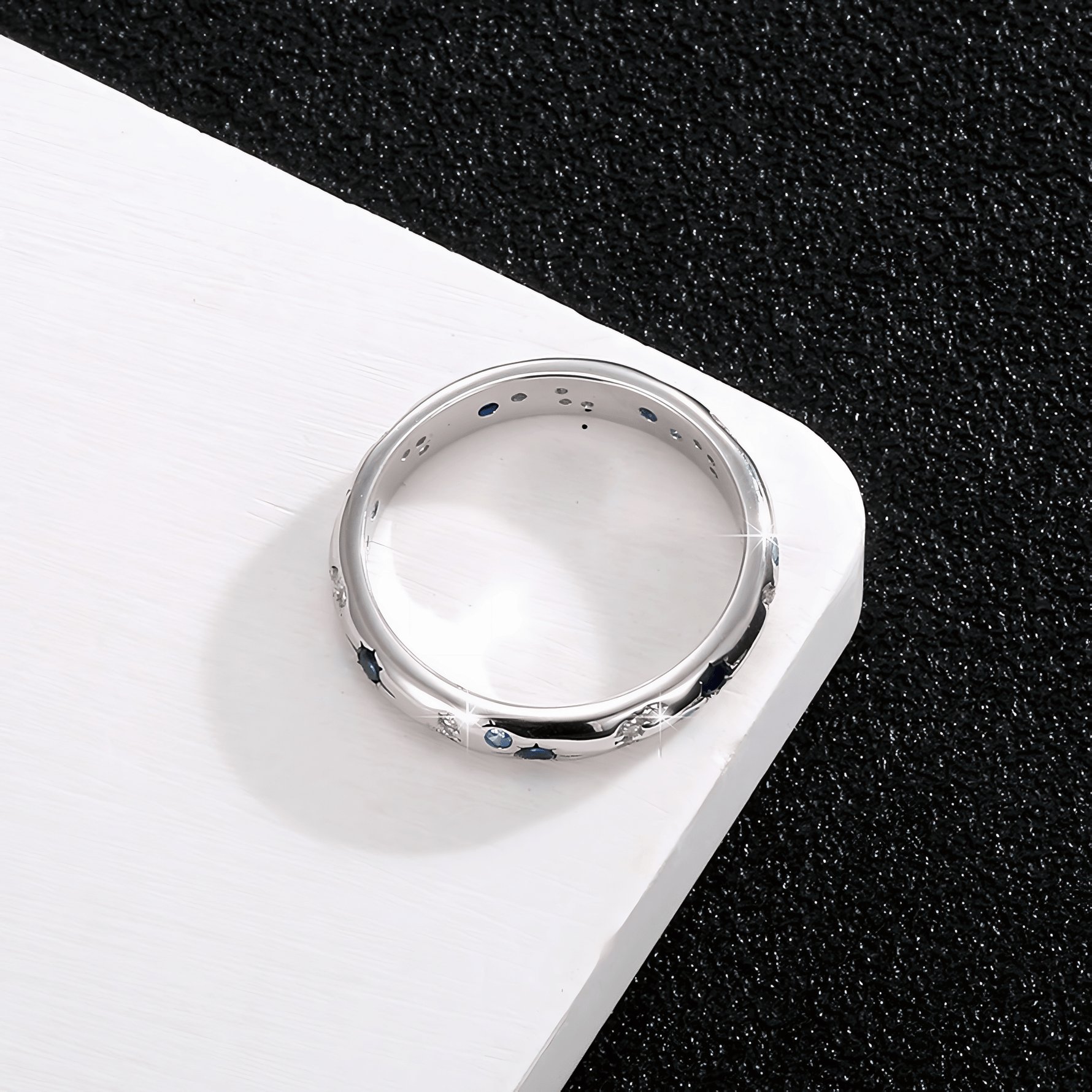 Moon and Stars Band Ring 925 Sterling Silver with Blue and White Zirconia - NAFALUXE