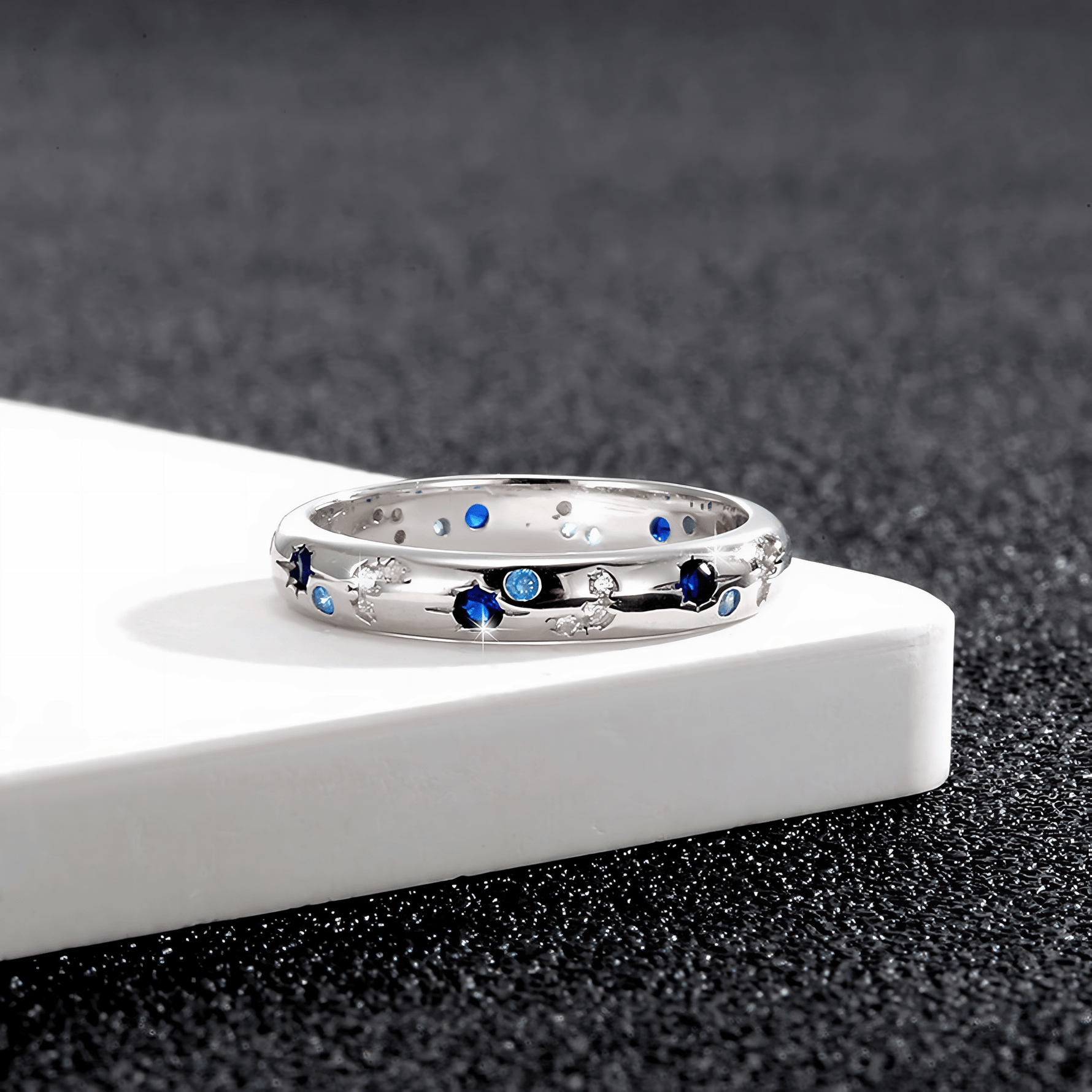 Moon and Stars Band Ring 925 Sterling Silver with Blue and White Zirconia - NAFALUXE