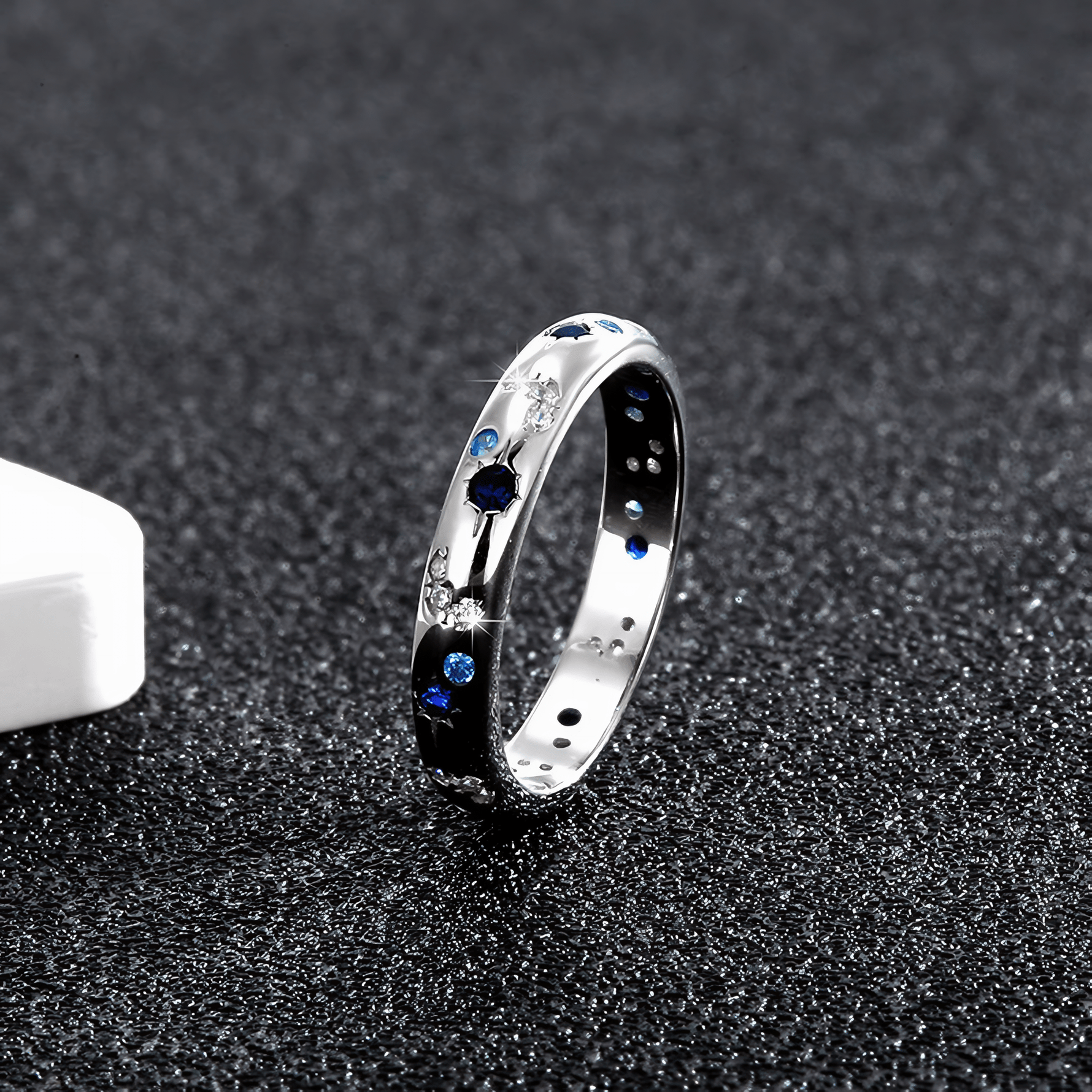 Moon and Stars Band Ring 925 Sterling Silver with Blue and White Zirconia - NAFALUXE