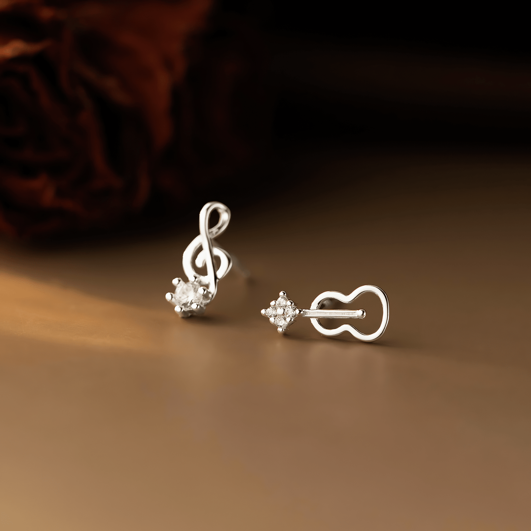 Music Note & Guitar Sterling Silver Stud Earrings – Asymmetrical CZ Earrings - NAFALUXE