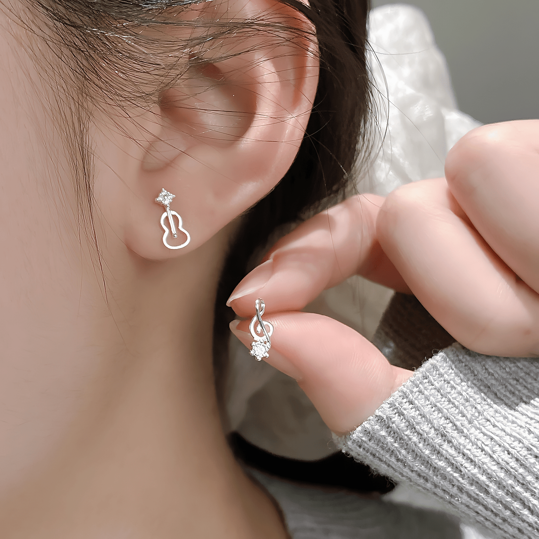 Music Note & Guitar Sterling Silver Stud Earrings – Asymmetrical CZ Earrings - NAFALUXE