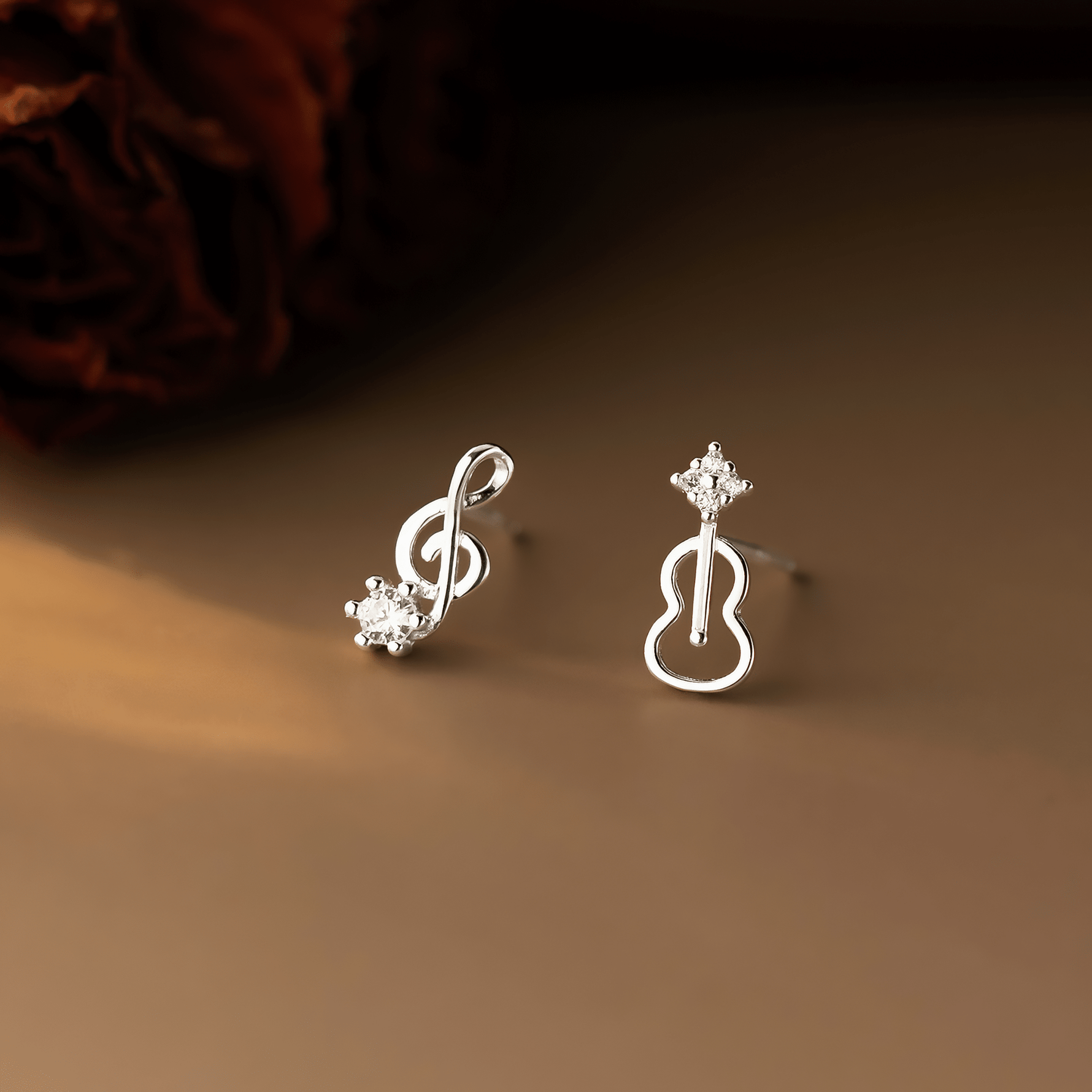 Music Note & Guitar Sterling Silver Stud Earrings – Asymmetrical CZ Earrings - NAFALUXE