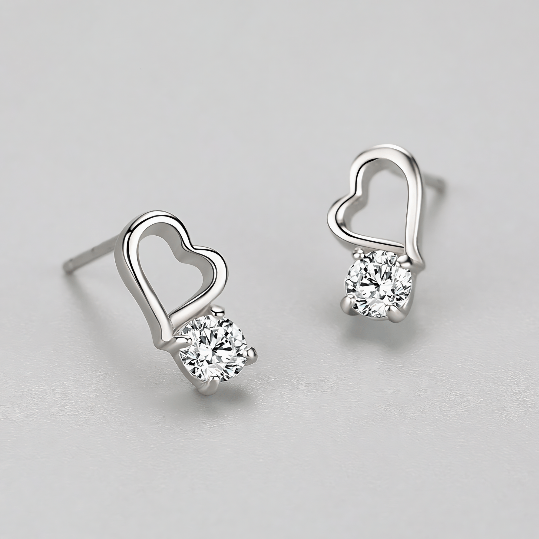 Open Heart Stud Earrings 925 Sterling Silver with Round Zirconia - NAFALUXE