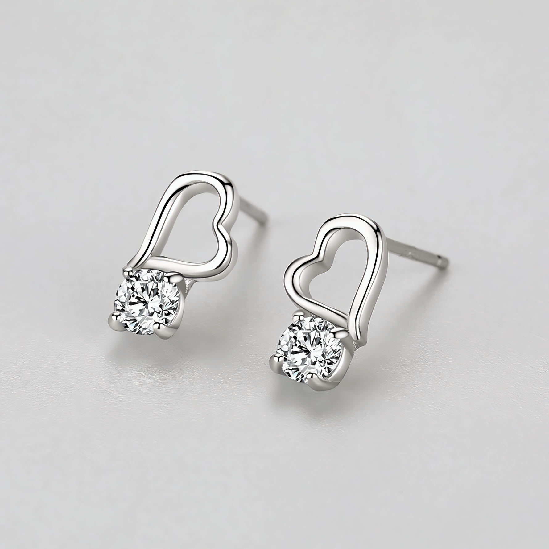 Open Heart Stud Earrings 925 Sterling Silver with Round Zirconia - NAFALUXE